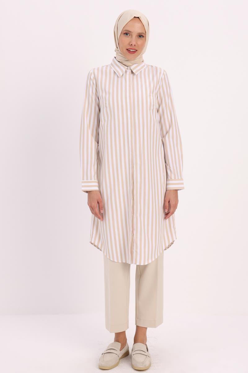 Striped Shirt Tunic With Hidden Buttons
