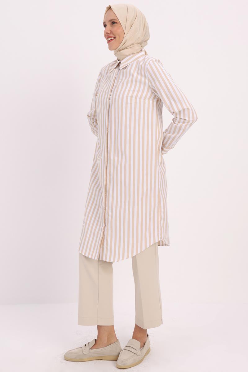 Striped Shirt Tunic With Hidden Buttons
