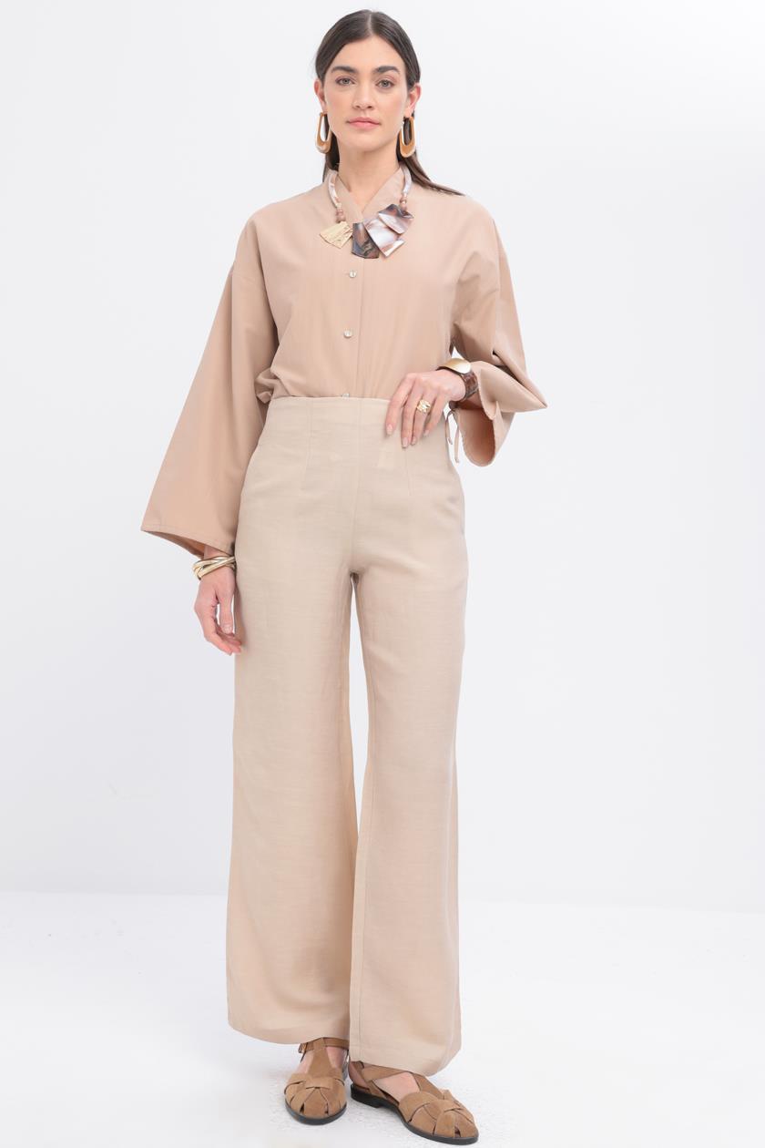 Bej-Bol Paça Keten Pantolon