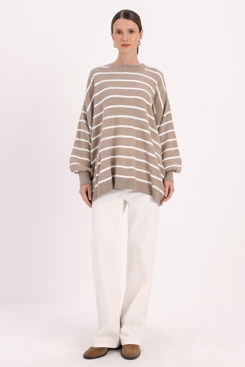 Çizgili Balon Kollu Oversize Triko Kazak