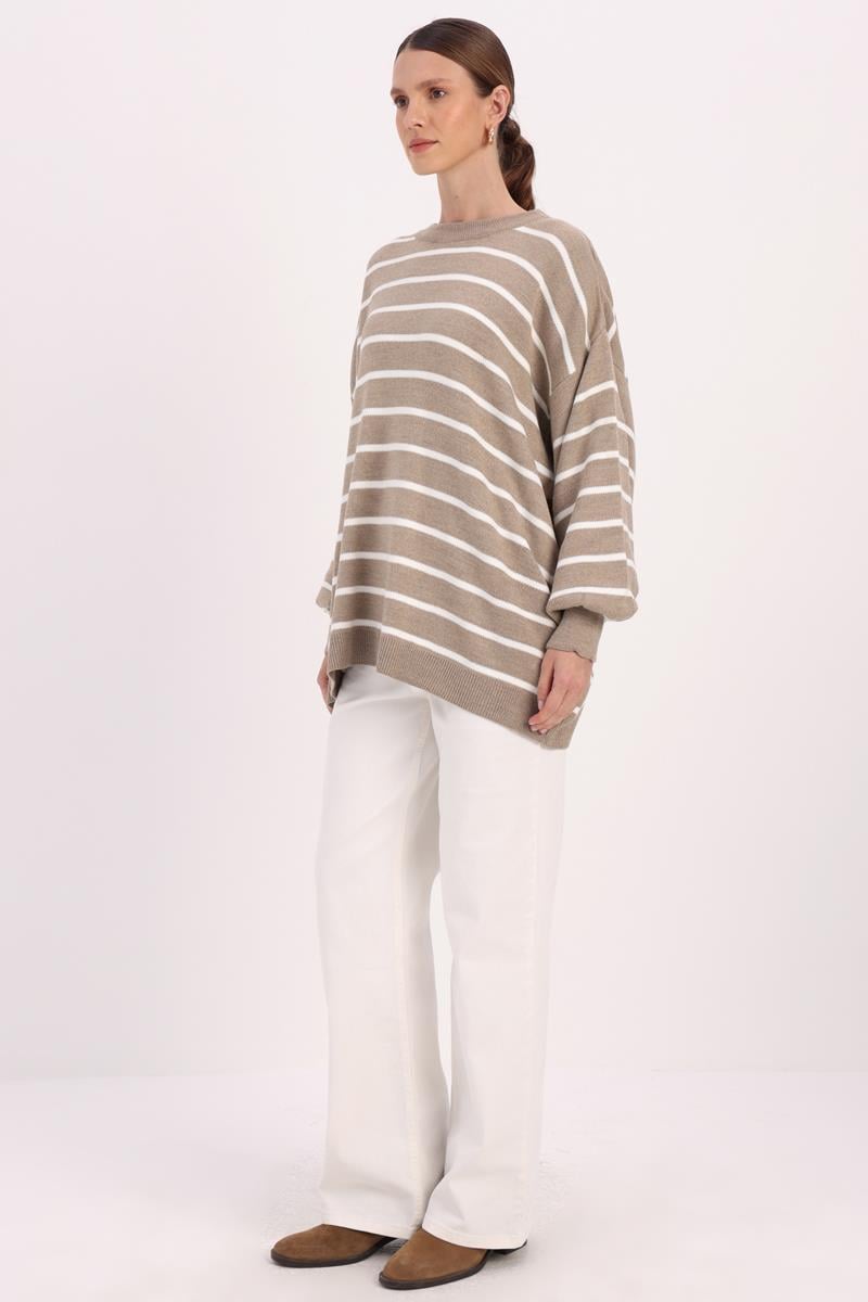 Çizgili Balon Kollu Oversize Triko Kazak