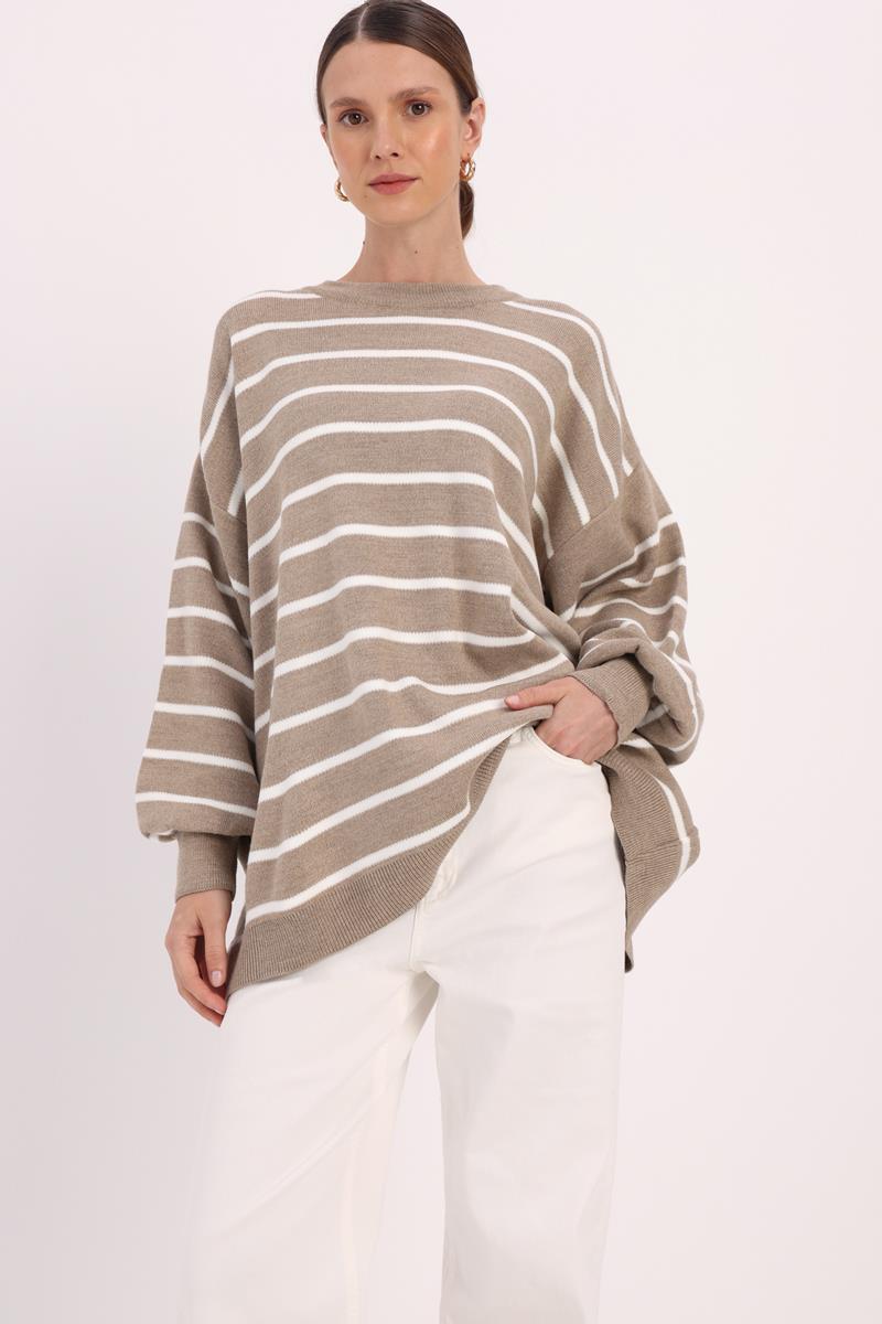 Çizgili Balon Kollu Oversize Triko Kazak