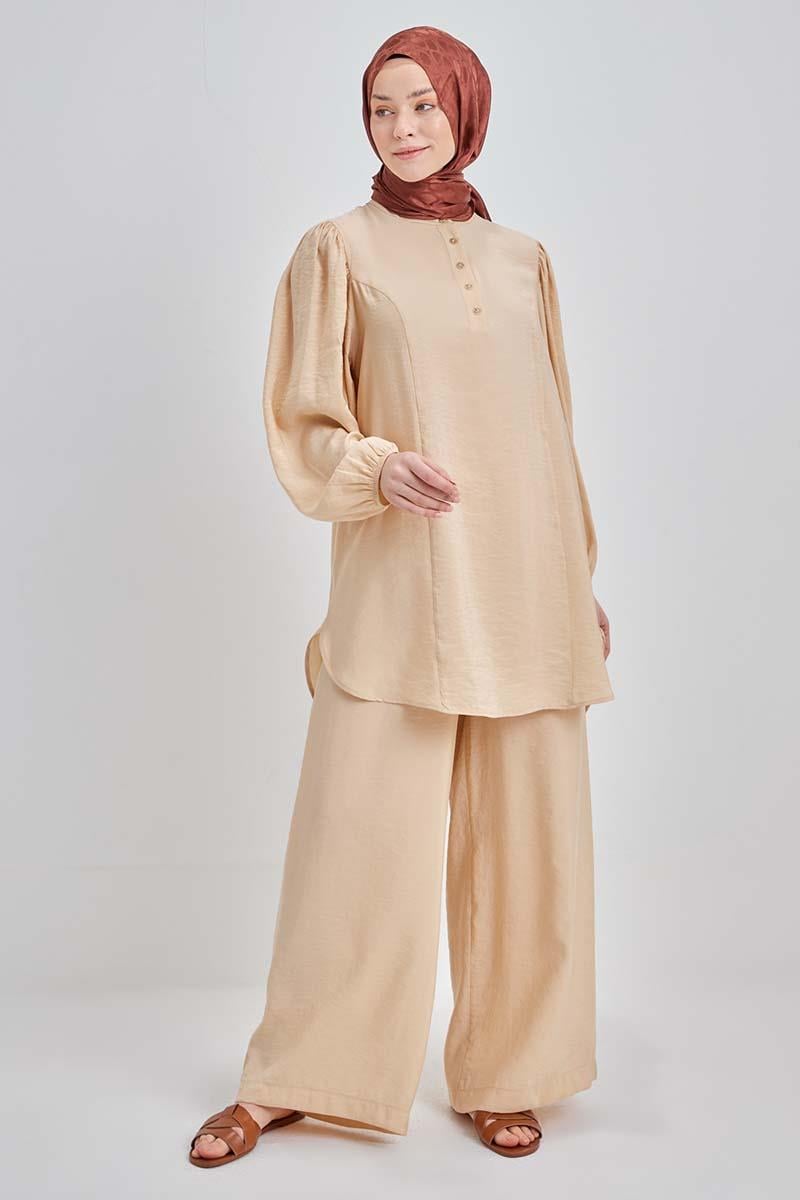 Düğmeli Modal Pantolonlu  Takım