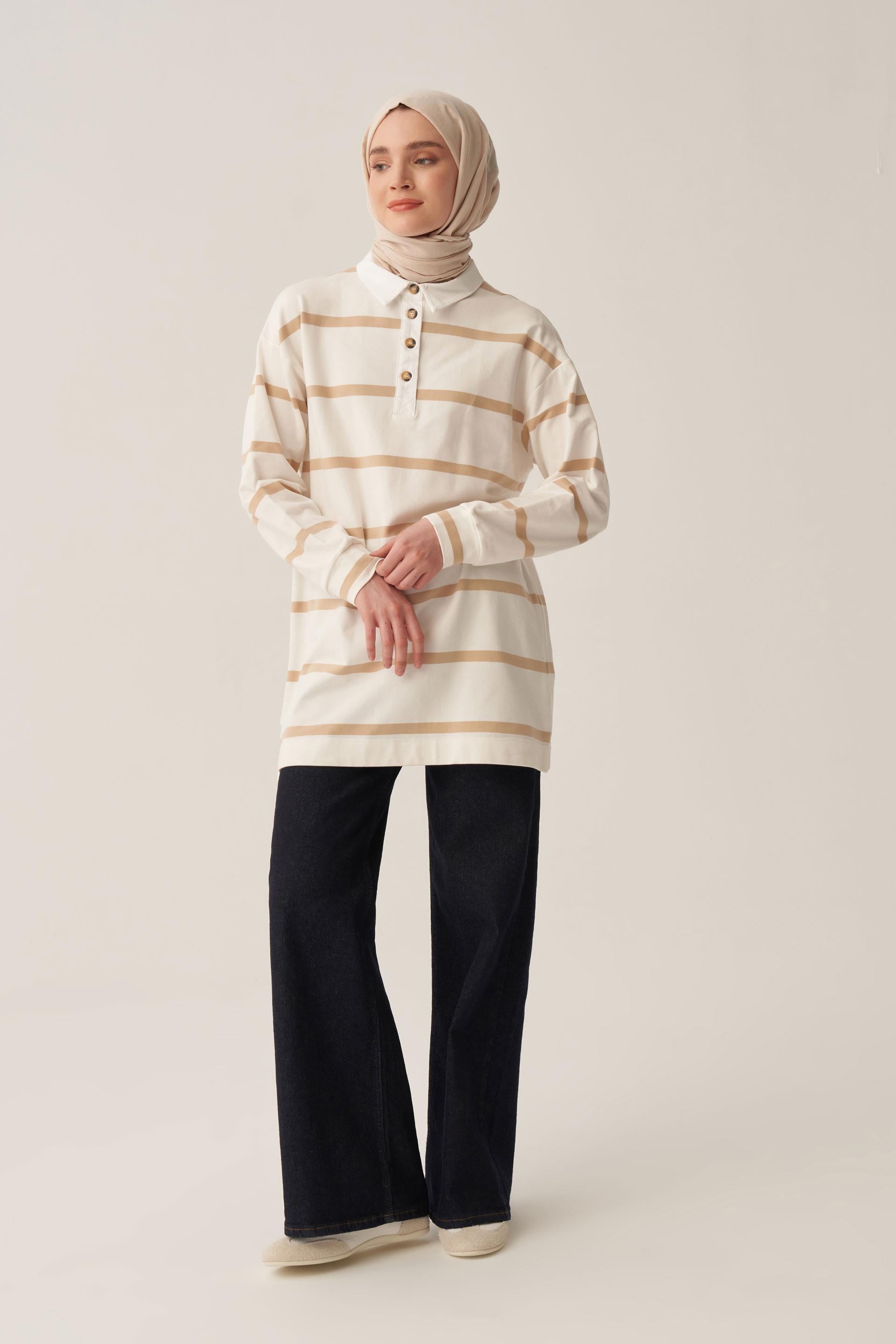 Bej-Ekru-GÖMLEK GARNİLİ ÇİZGİLİ SWEAT TUNİK