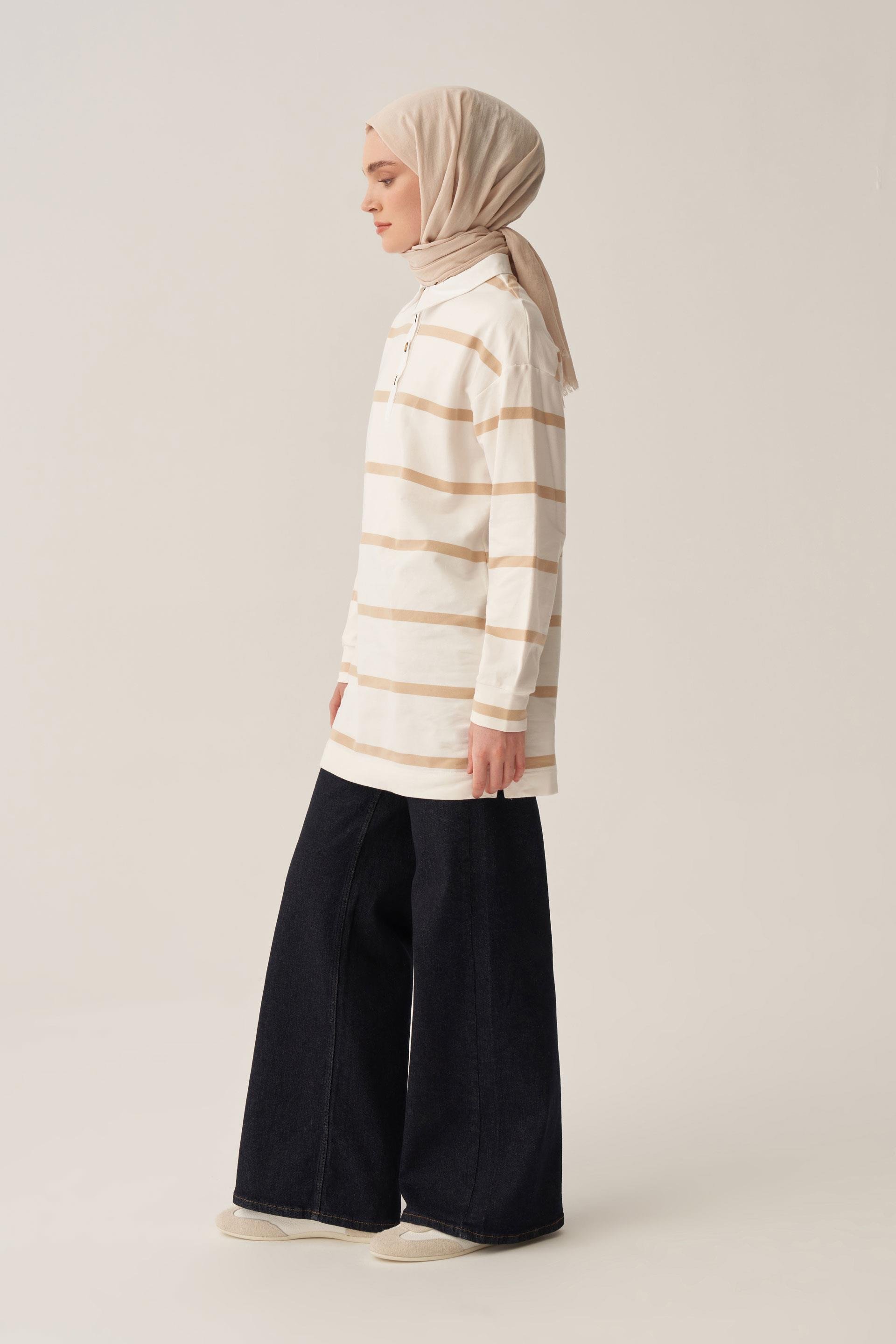 Bej-Ekru-GÖMLEK GARNİLİ ÇİZGİLİ SWEAT TUNİK