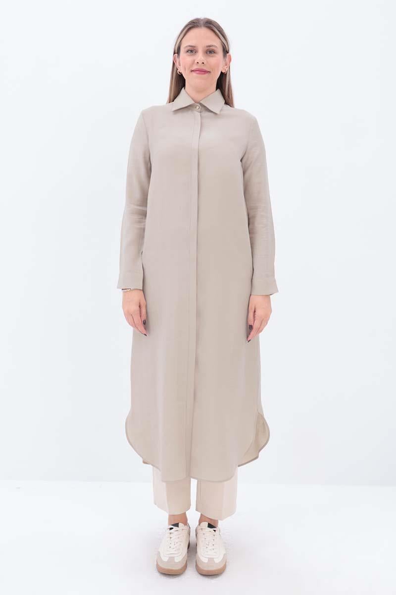 Bej-Gizli Patlı Uzun Gömlek Tunik