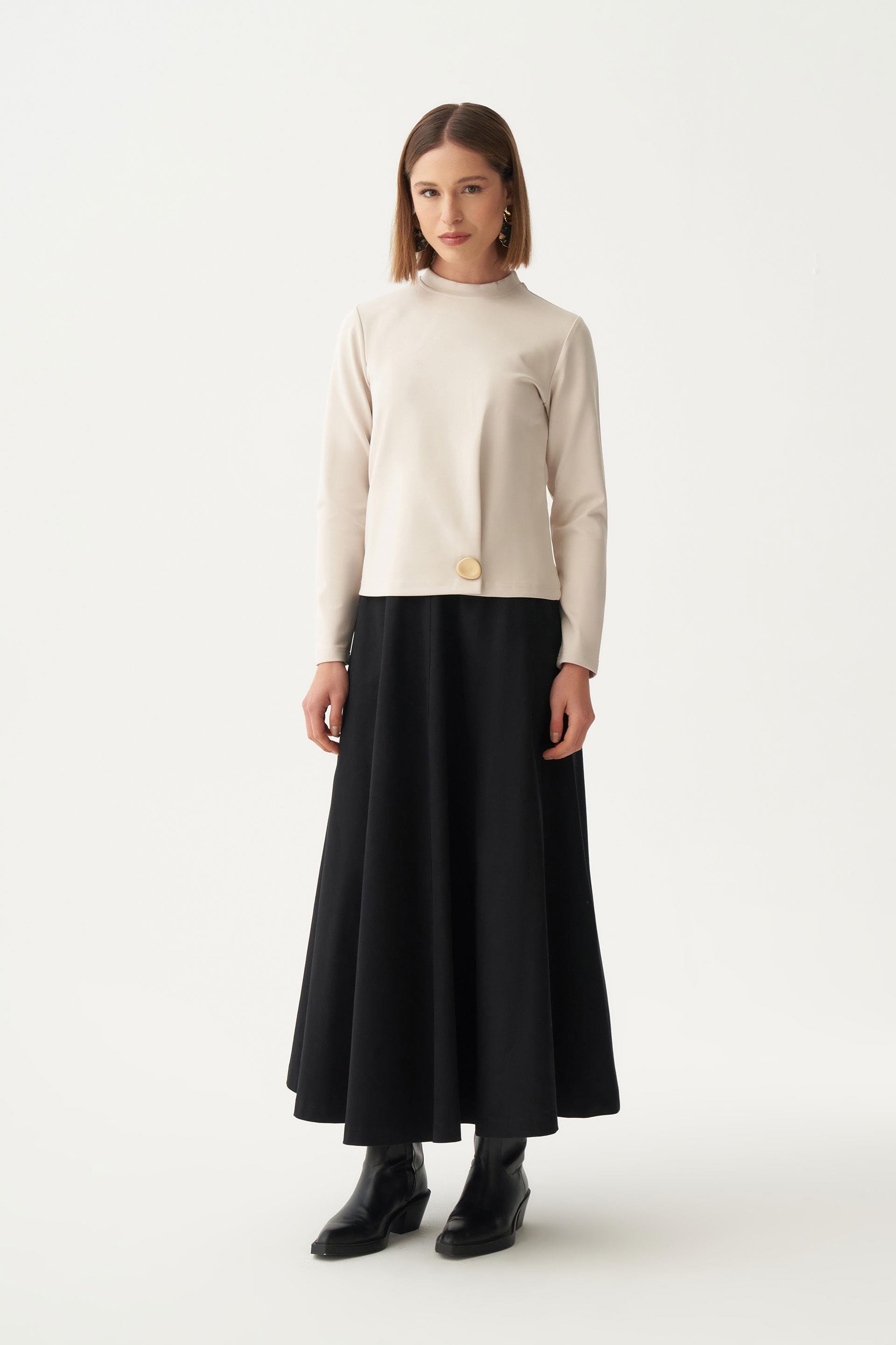 Bej-Gold Düğmeli Pileli Şık Bluz