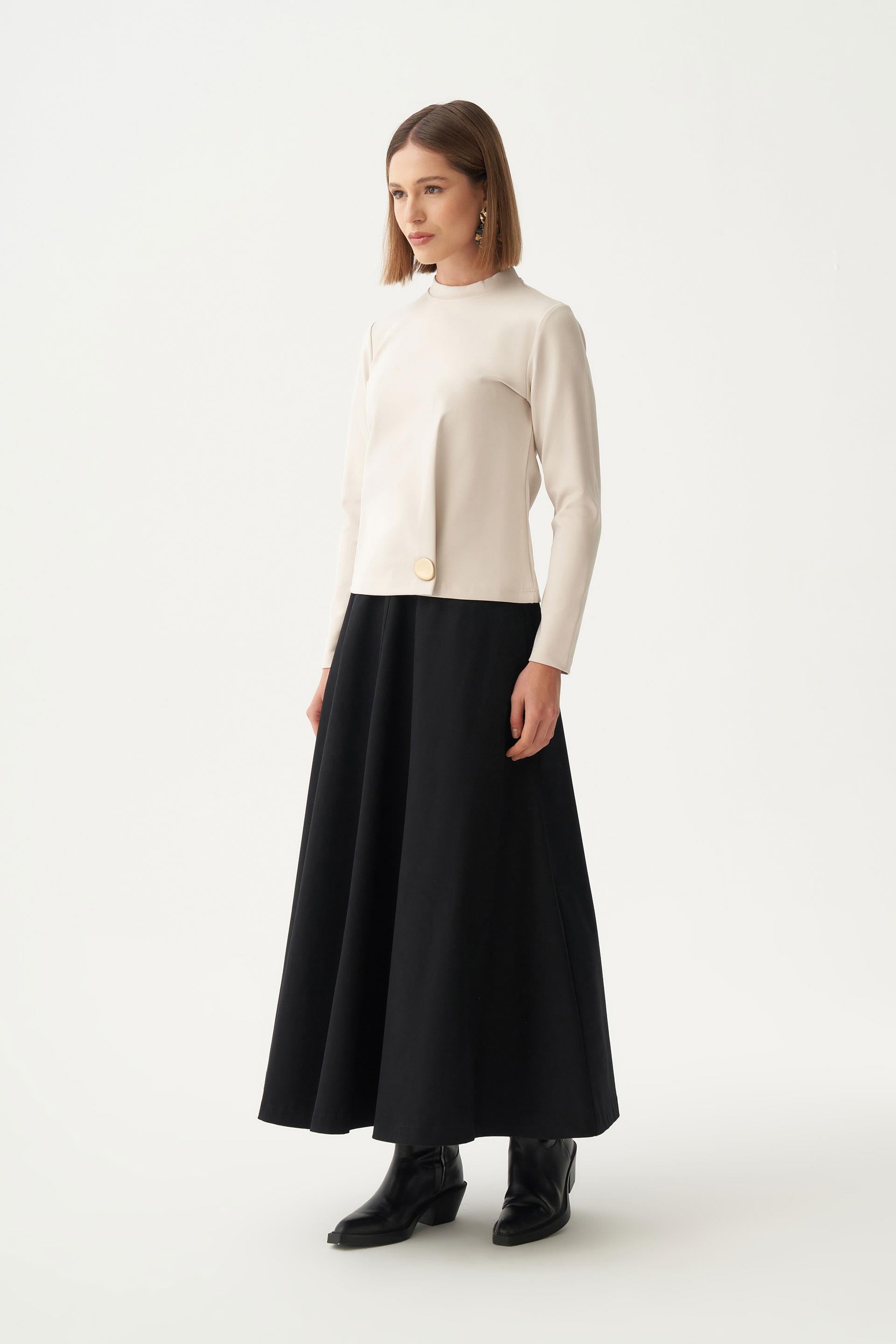 Bej-Gold Düğmeli Pileli Şık Bluz