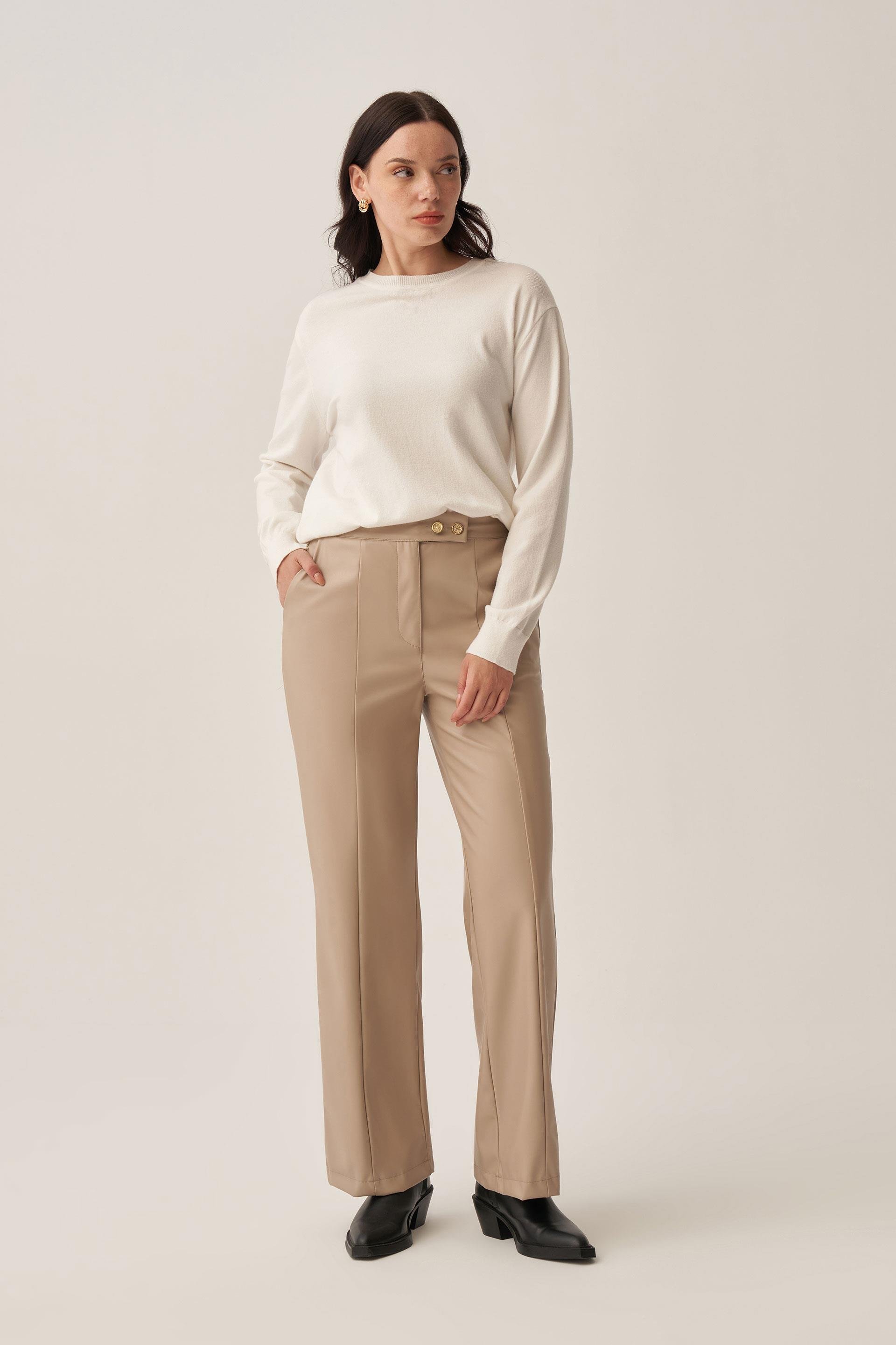 BEJ-Gold Düğmeli Süet Deri Pantolon