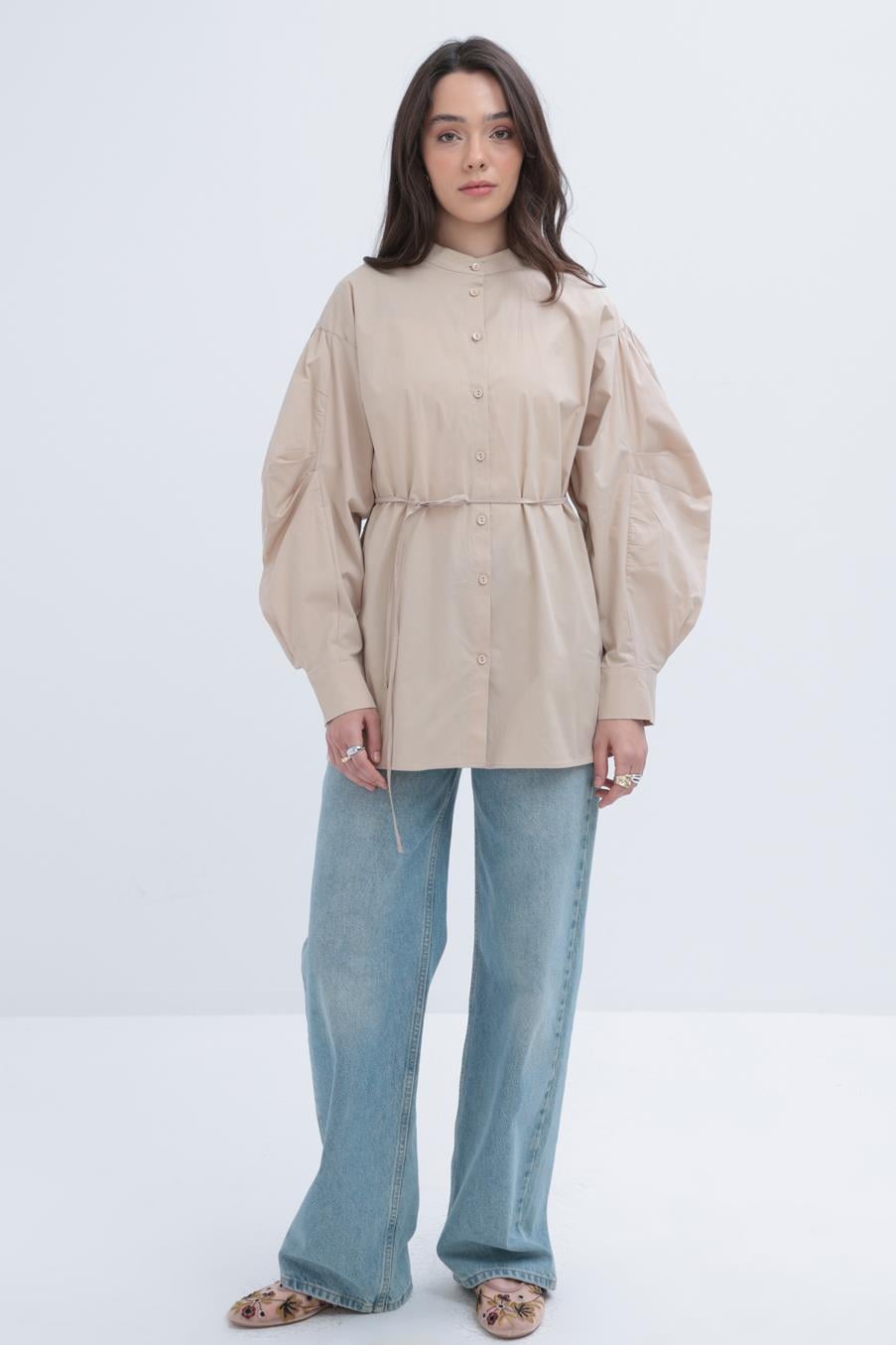 Bej-Belden Bağlamalı Viskon Gömlek Tunik
