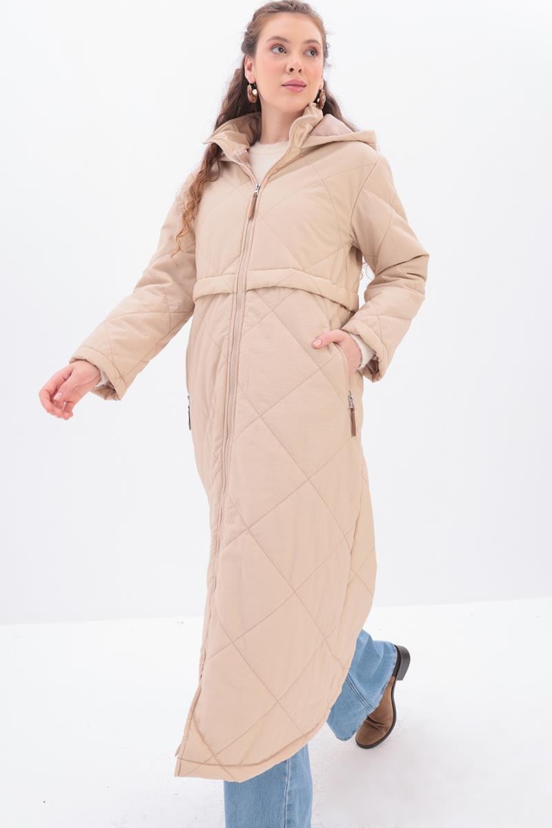 Bej-Kapşonlu Kapitone Kaban