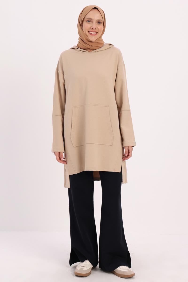 Kapüşonlu Yanları Yırtmaçlı Sweat Tunik
