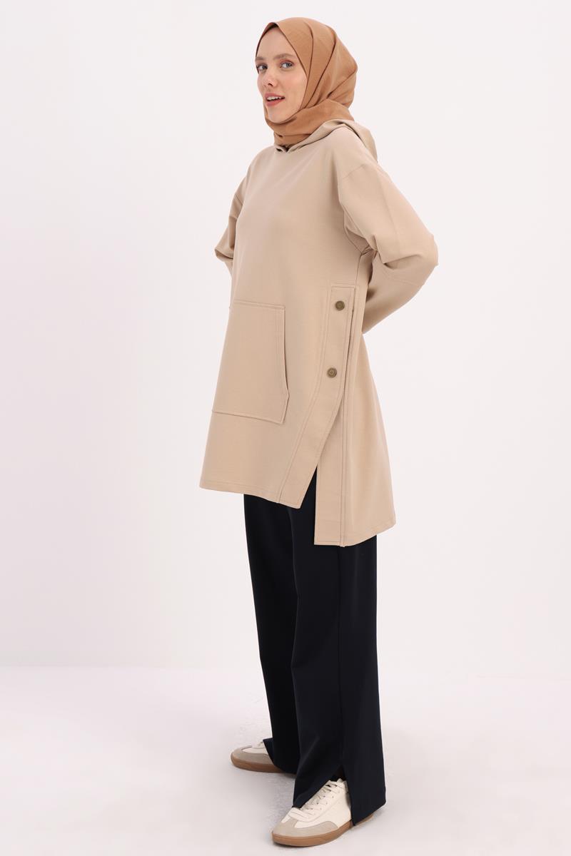 Kapüşonlu Yanları Yırtmaçlı Sweat Tunik