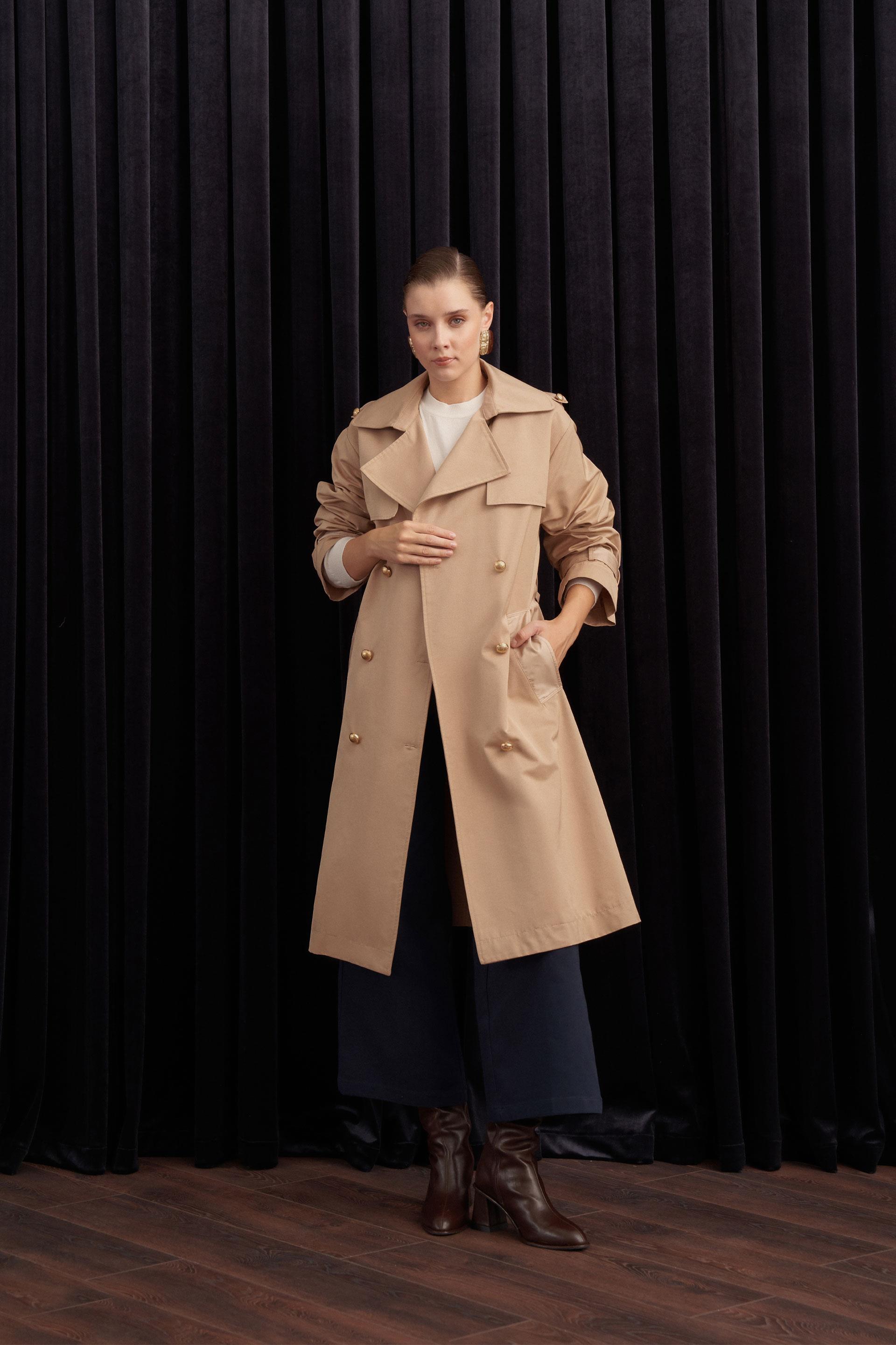 Bej-Kruvaze  Rüzgarlıklı Uzun Trençkot