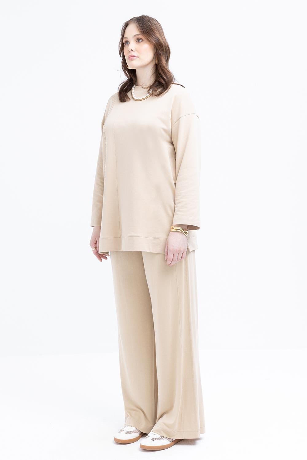 Bej-Nakışlı Bisiklet Yaka Likralı Büyük Beden Tunik