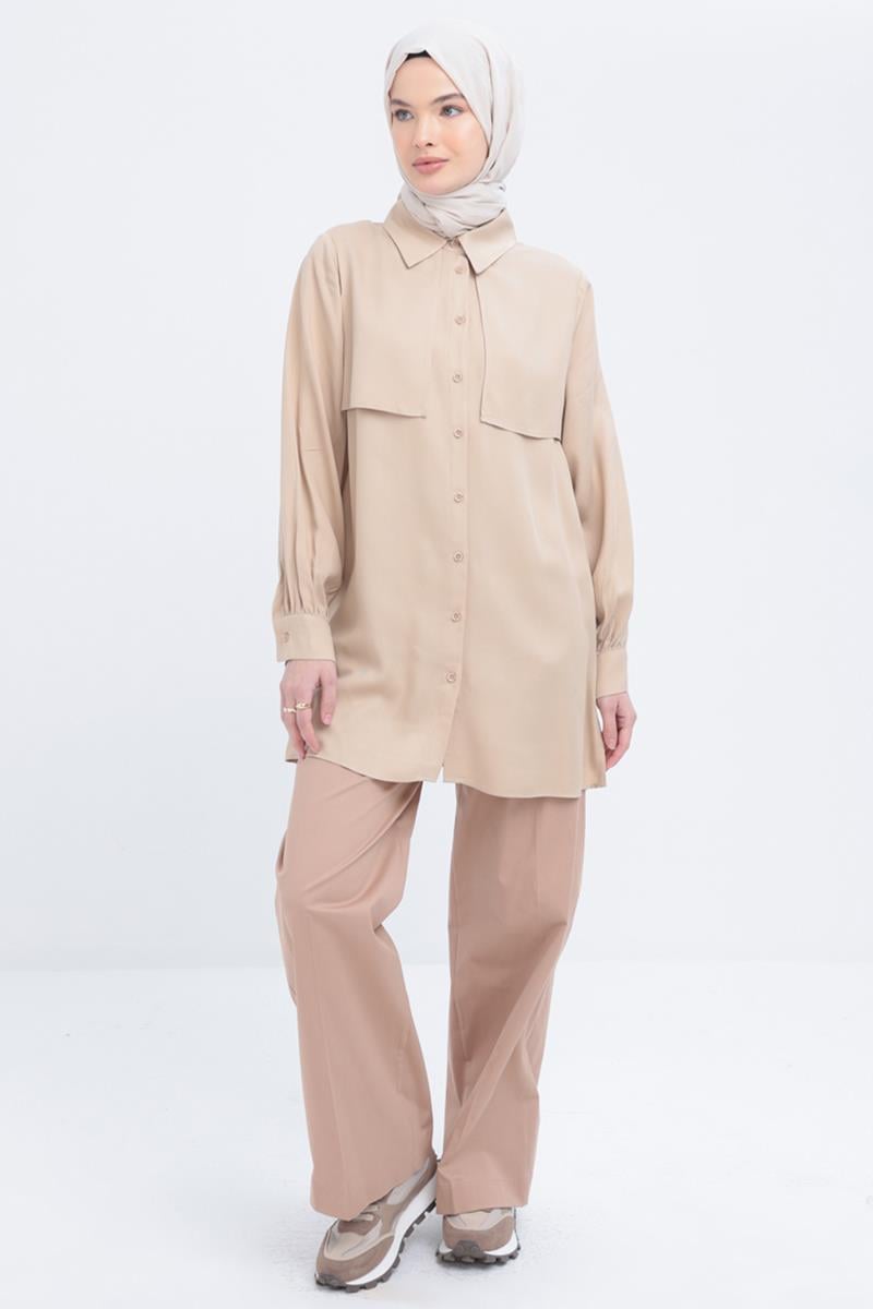 Bej-Önü Rüzgarlıklı Gömlek Tunik