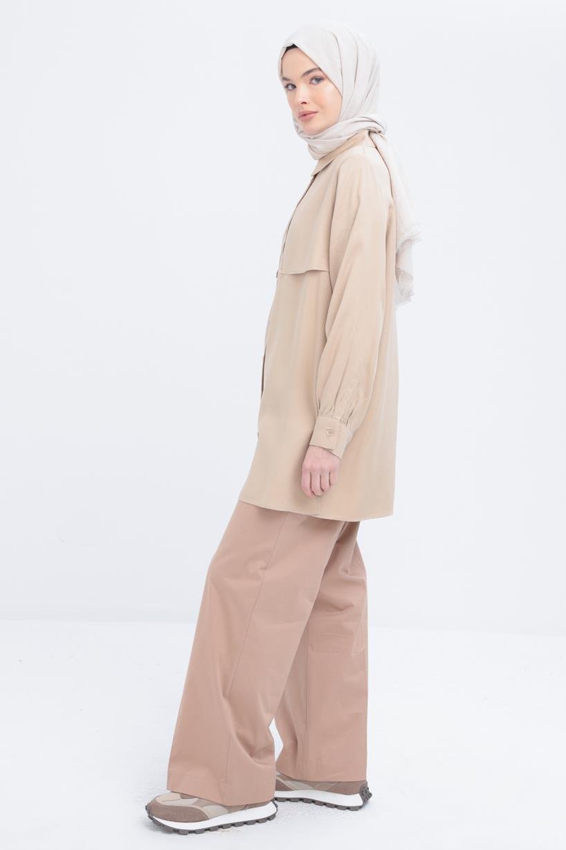 Bej-Önü Rüzgarlıklı Gömlek Tunik