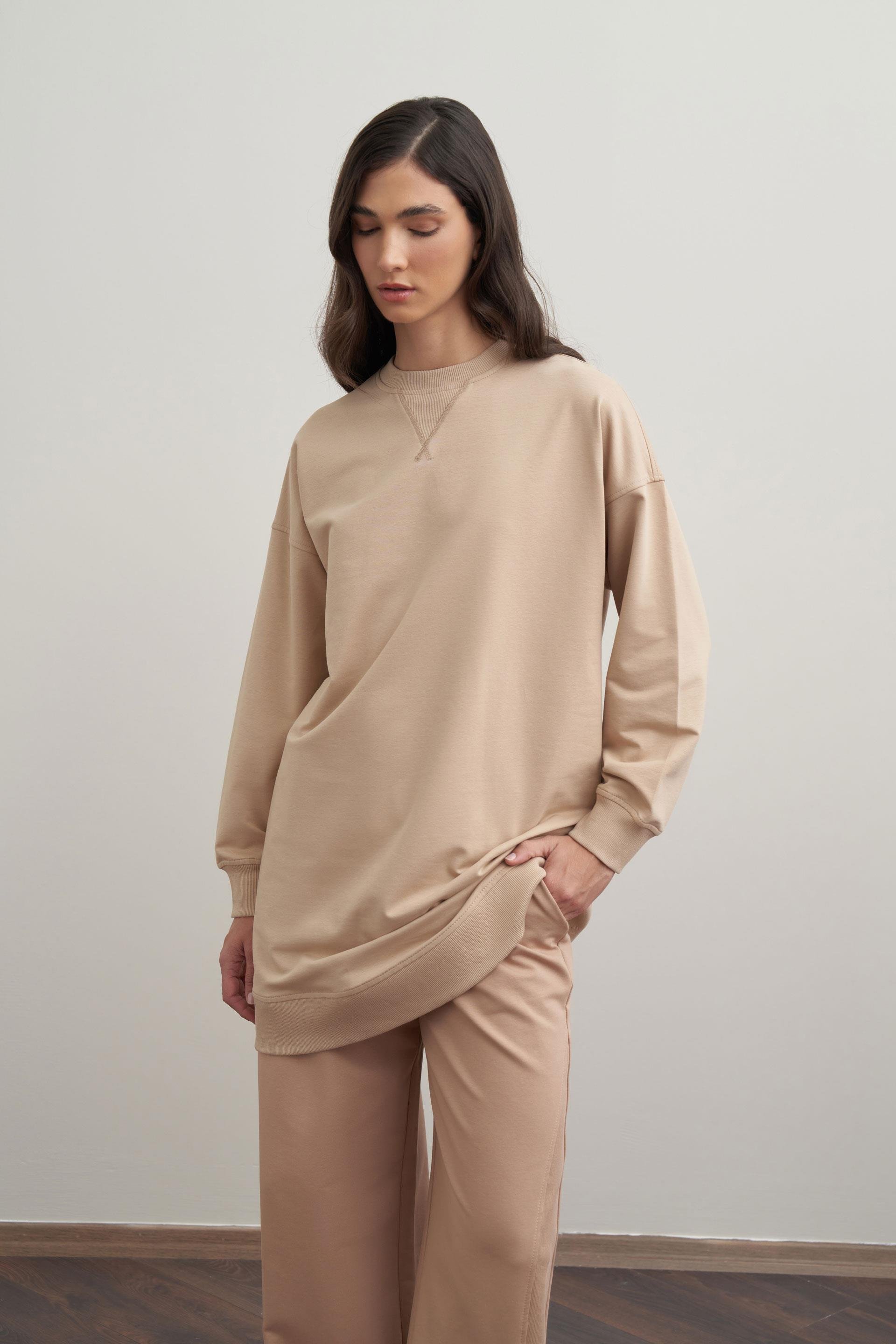 Bej-Pamuklu Kaşkorse Detaylı Sweatshirt