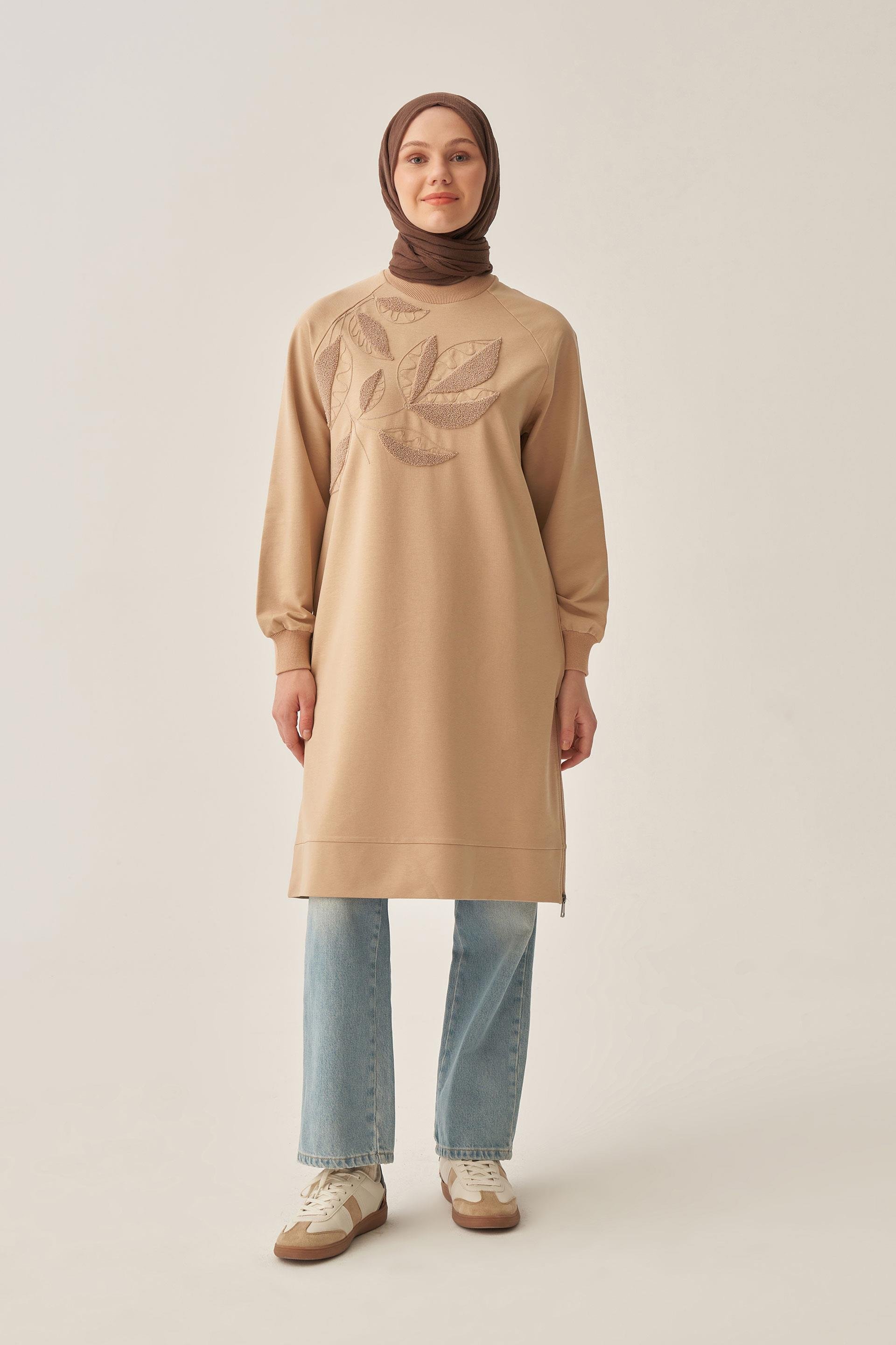 Bej-Pamuklu Yaprak Desenli Tunik