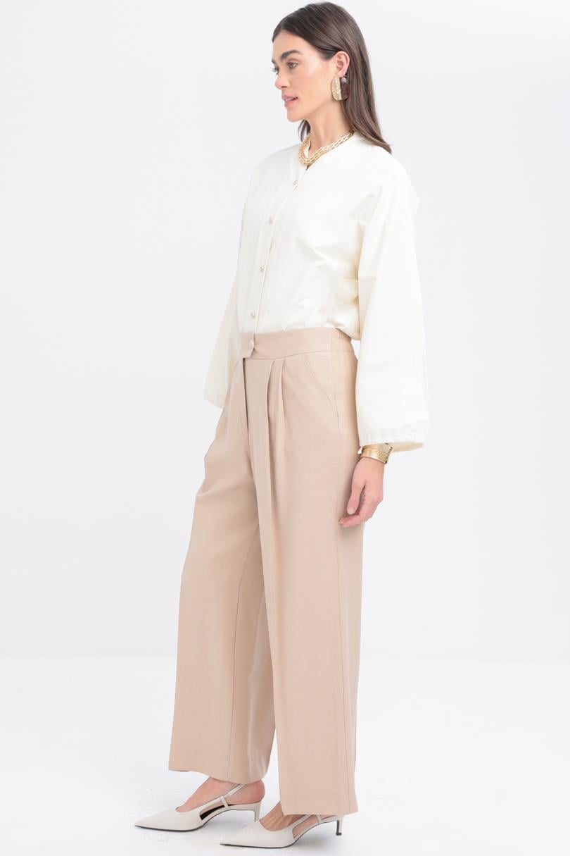 Bej-Pileli Geniş Paça Pantolon