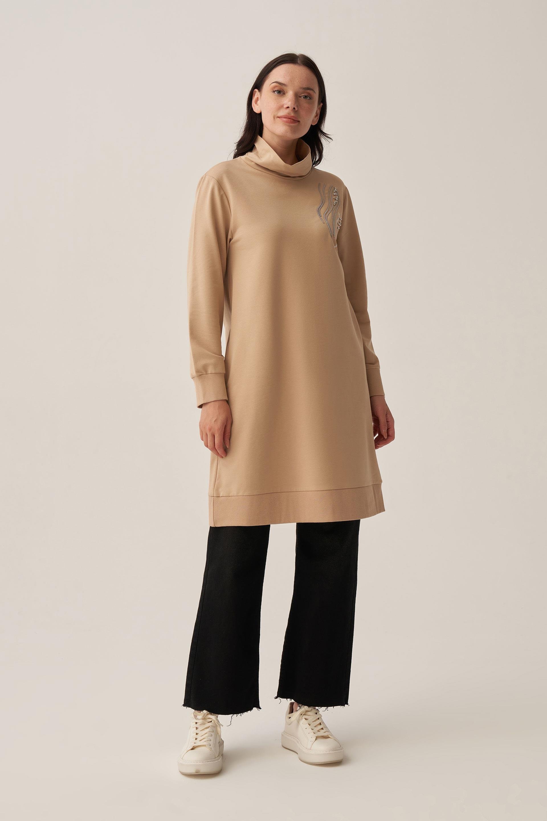 Bej-Taş İşlemeli Pamuklu Tunik