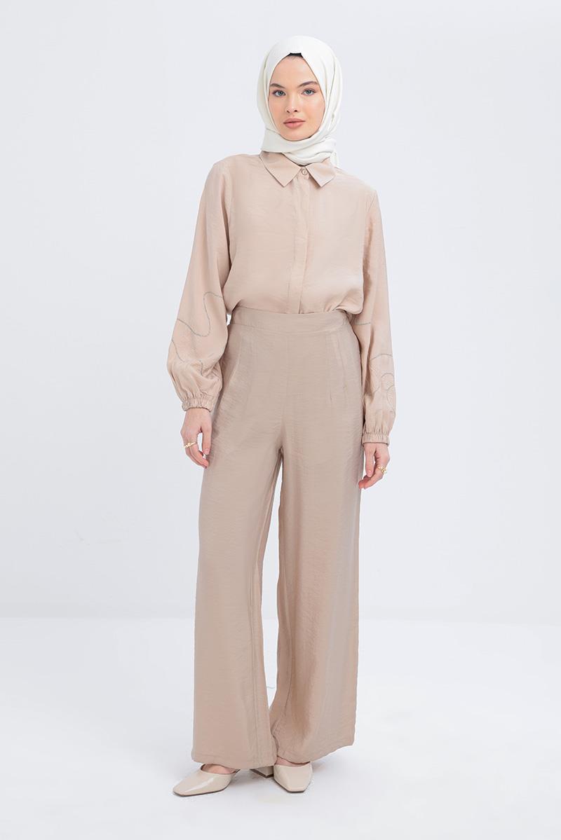 Bej-Yandan Fermuarlı Modal Geniş Paça Pantolon