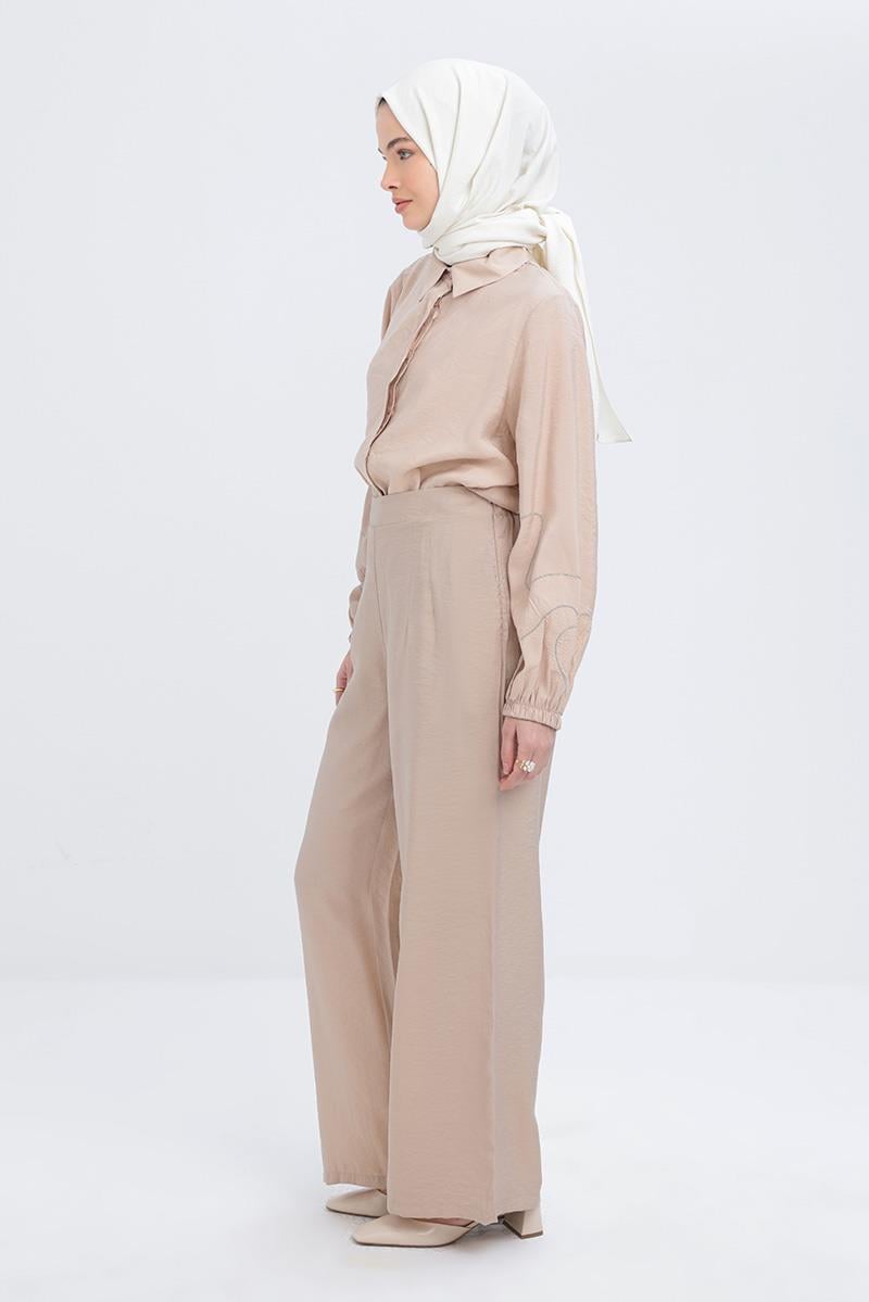 Bej-Yandan Fermuarlı Modal Geniş Paça Pantolon