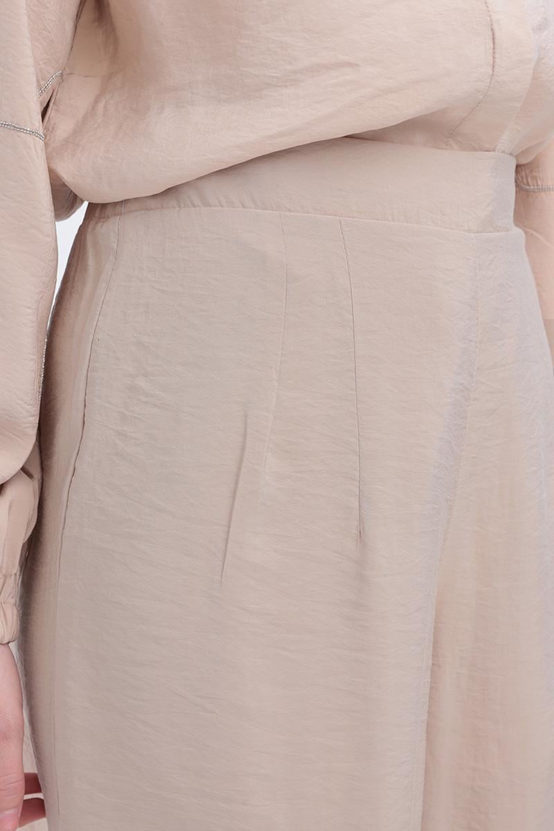 Bej-Yandan Fermuarlı Modal Geniş Paça Pantolon