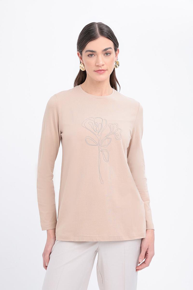 Bej-Zincir Nakışlı Uzun Kollu T-shirt