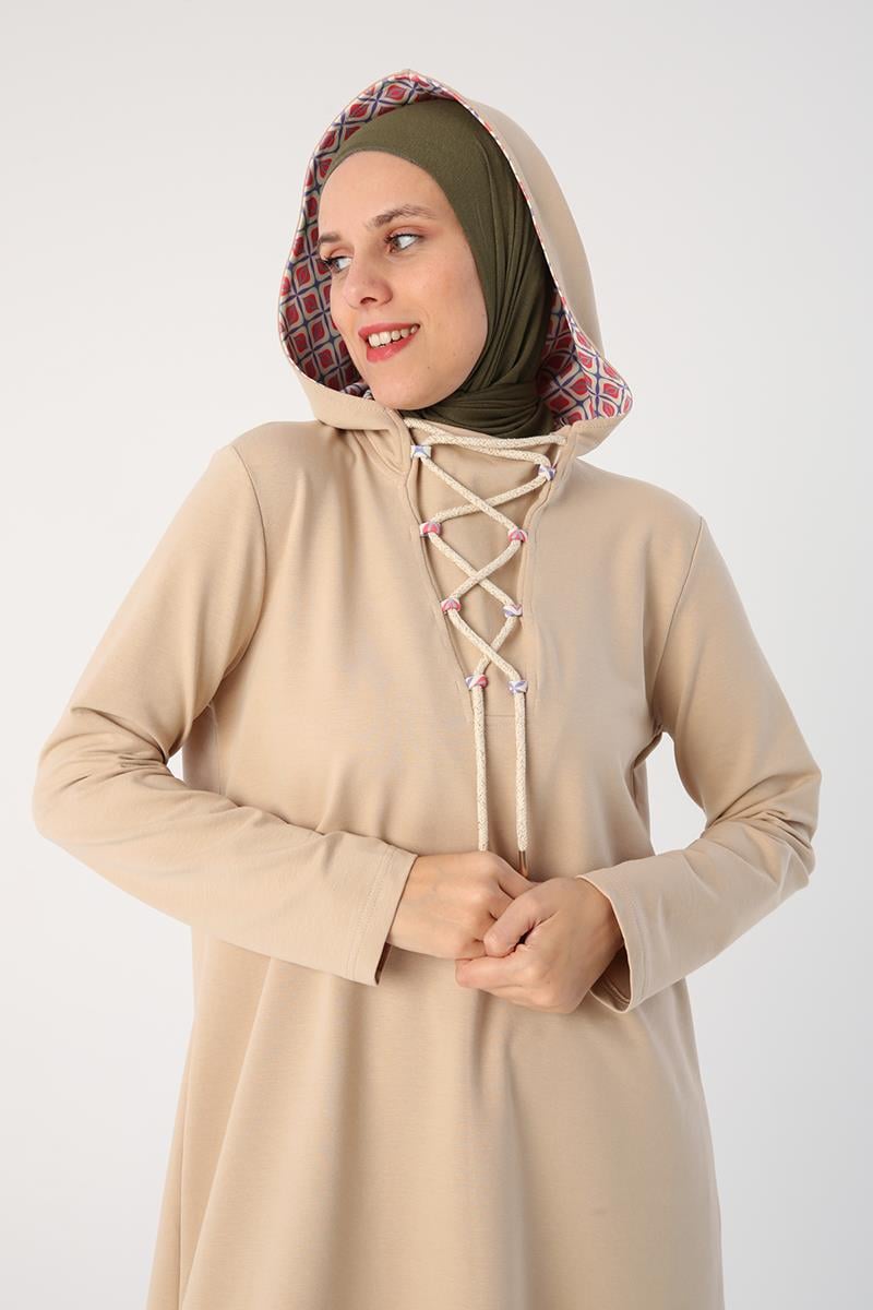 Bağlama Detaylı Kapüşonlu Uzun Tunik