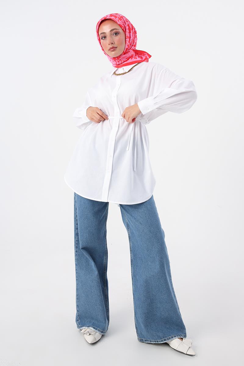 100% Cotton Oversised Shirt Tunic with Pilikaşeli Belted Back