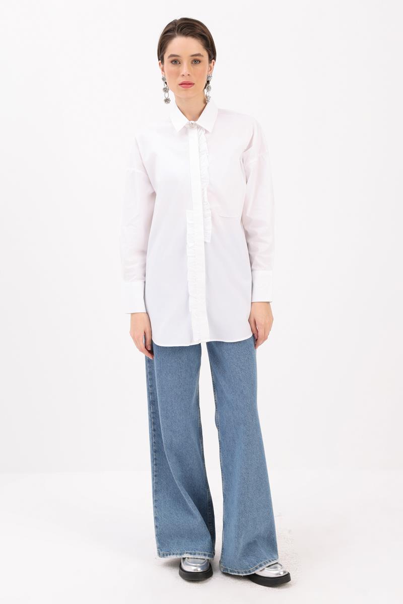 Beyaz-FIRFIRLI GÖMLEK TUNİK