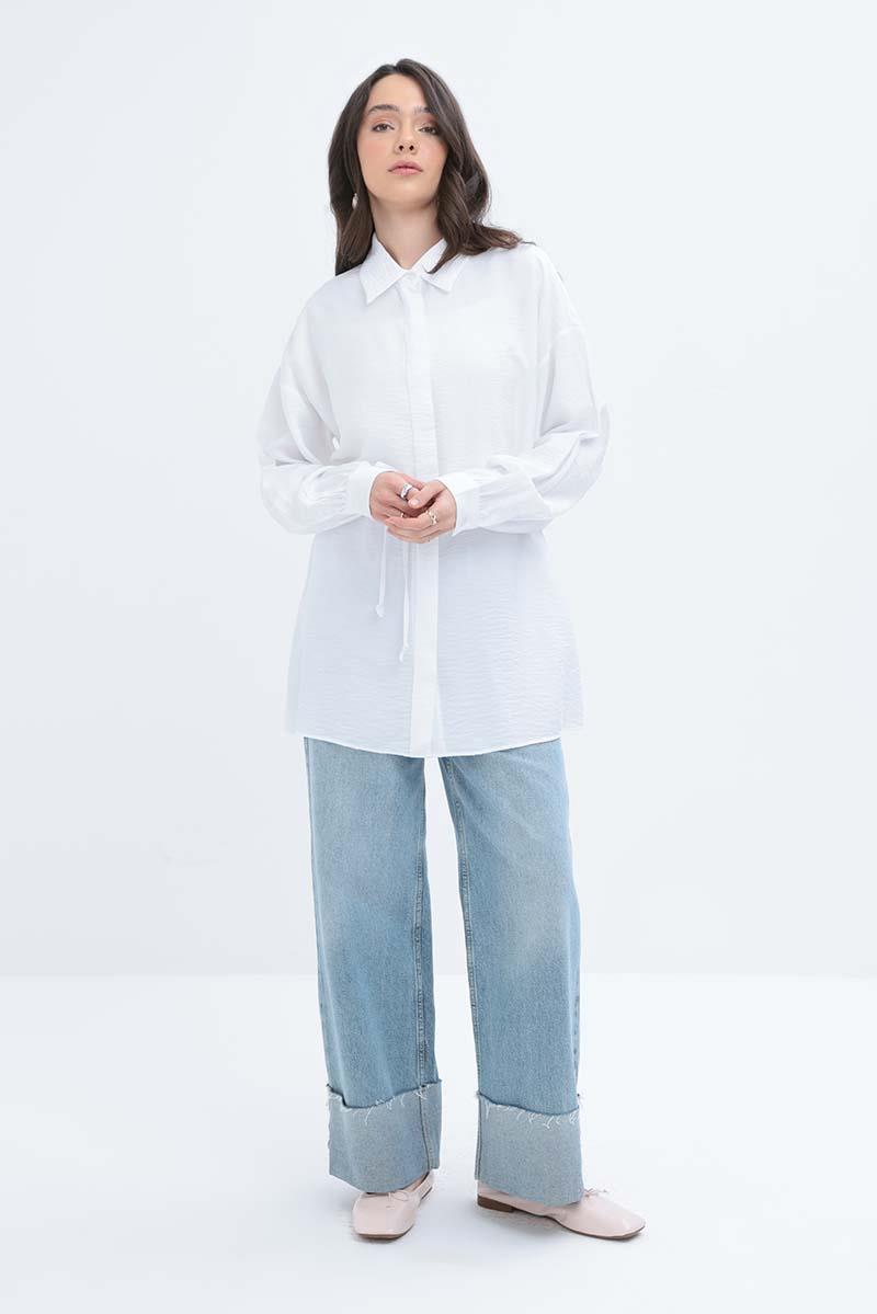 Beyaz-İnce Kemerli Gömlek Tunik