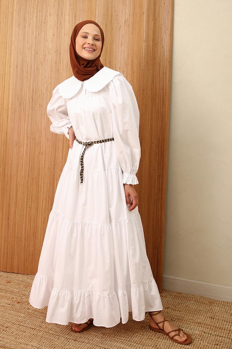 100% Cotton Baby Collar Ruffled Self Belted Dress