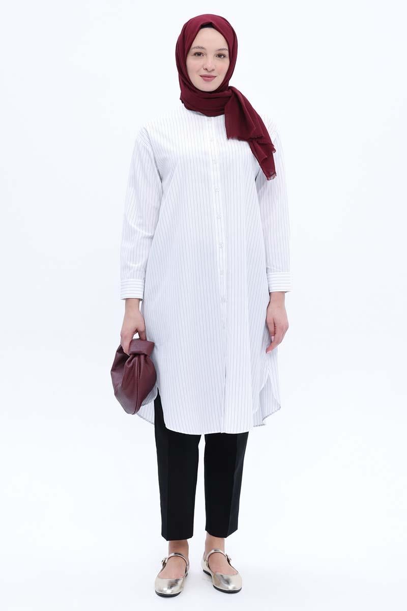 Beyaz-Pamuklu Çizgili Poplin Gömlek Tunik