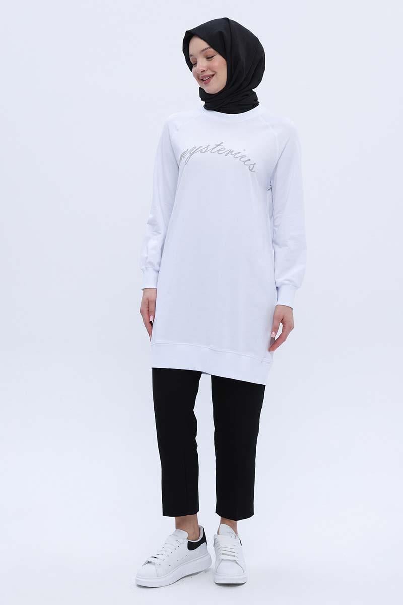 Pamuklu Reglan Kol Zincir Nakışlı Sweat Tunik