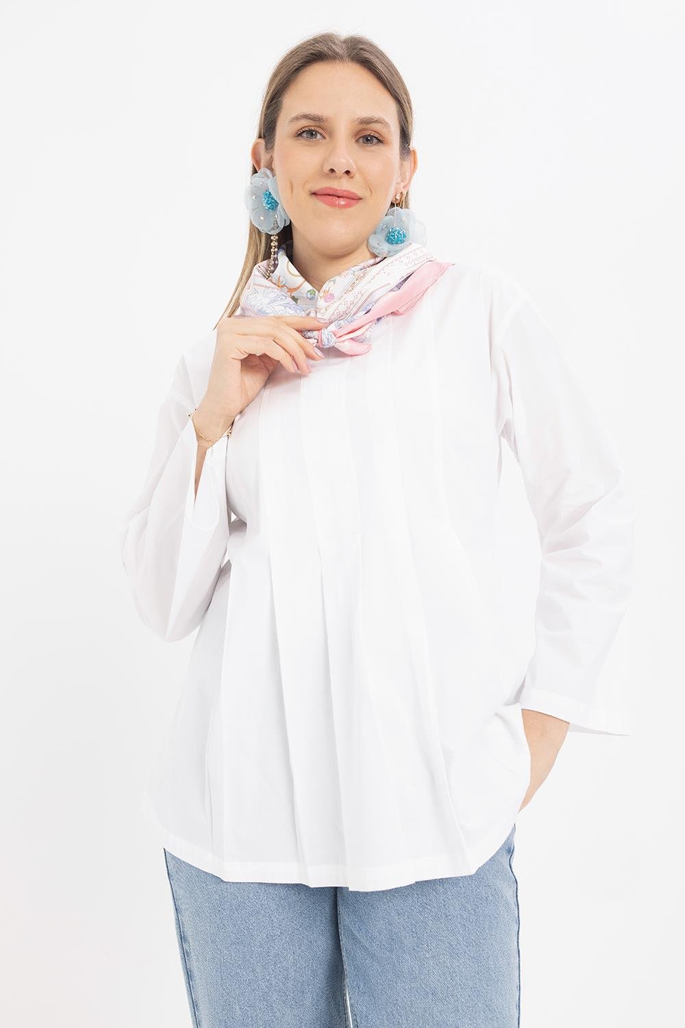 Beyaz-Pileli Gizli Fermuarlı Likralı Bluz