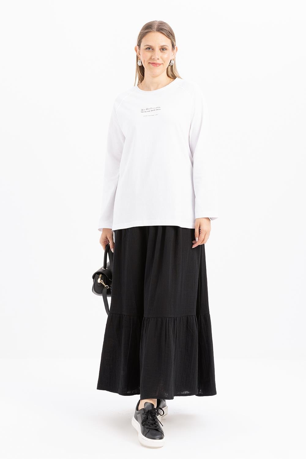 Beyaz-Pis Dikiş Detaylı Baskılı T-shirt