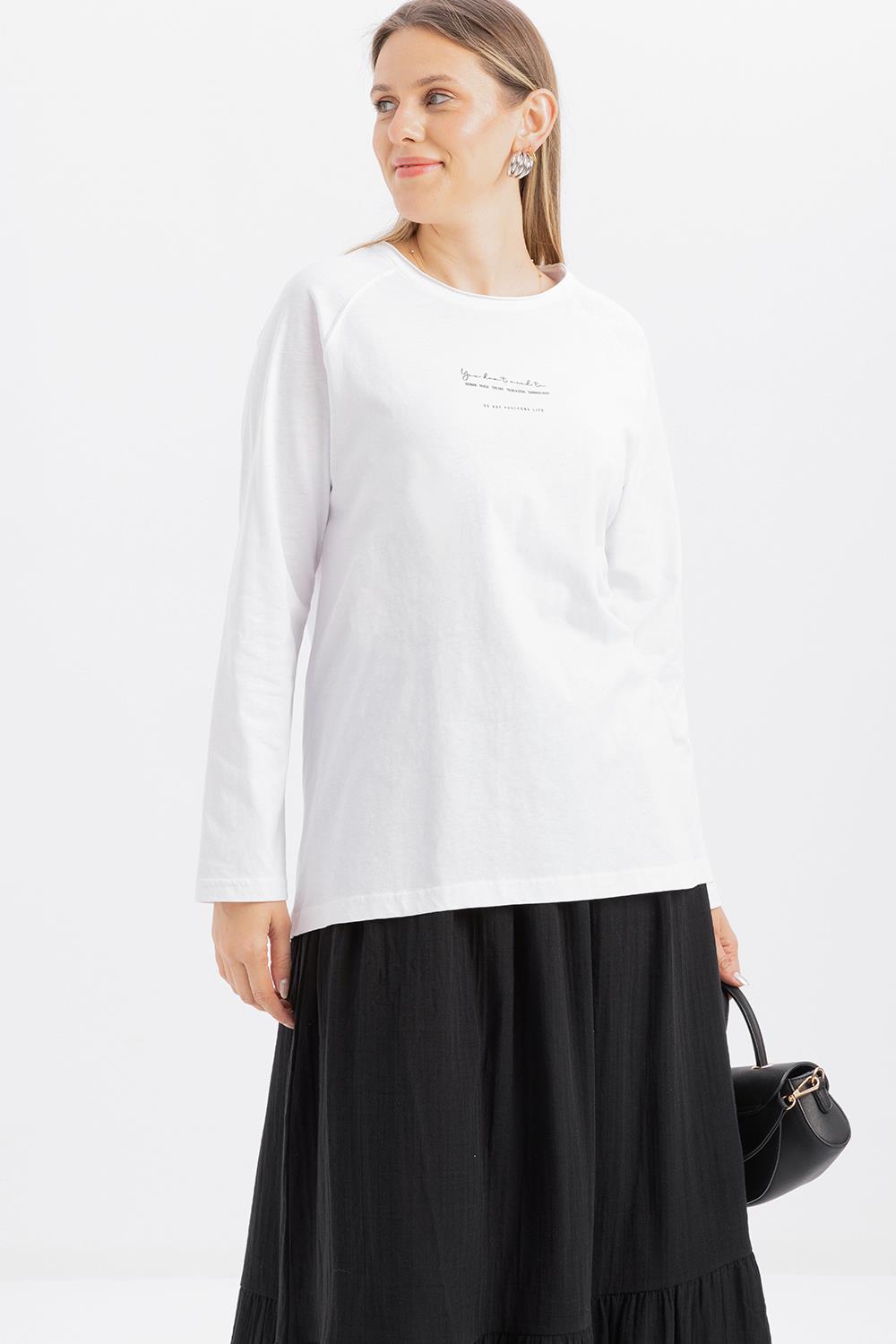 Beyaz-Pis Dikiş Detaylı Baskılı T-shirt