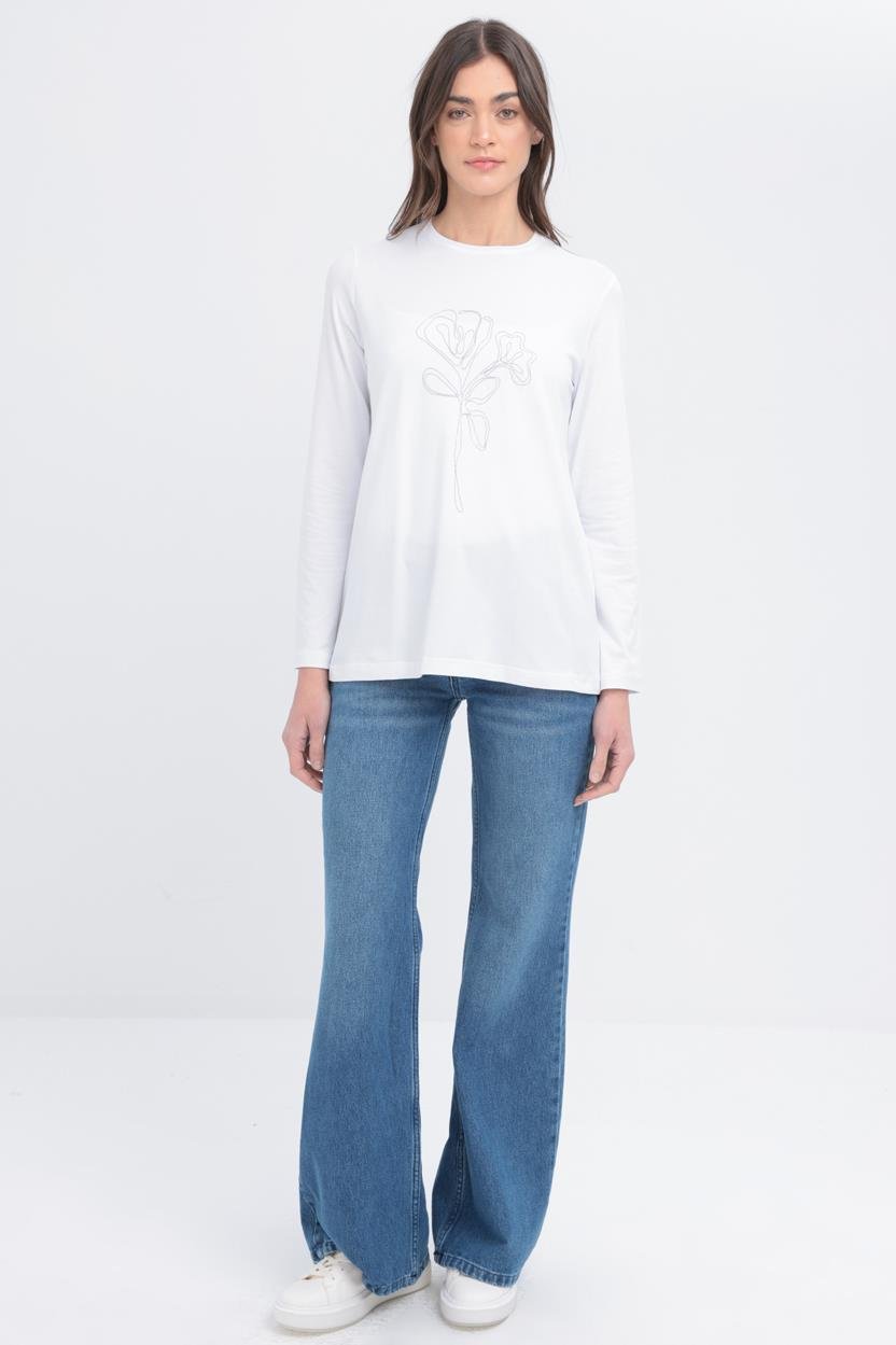 Beyaz-Uzun Kollu Nakış Detaylı Süprem Tshirt