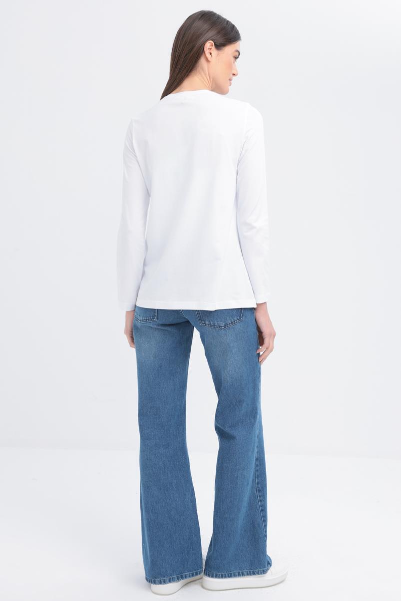 Beyaz-Zincir Nakışlı Uzun Kollu T-shirt