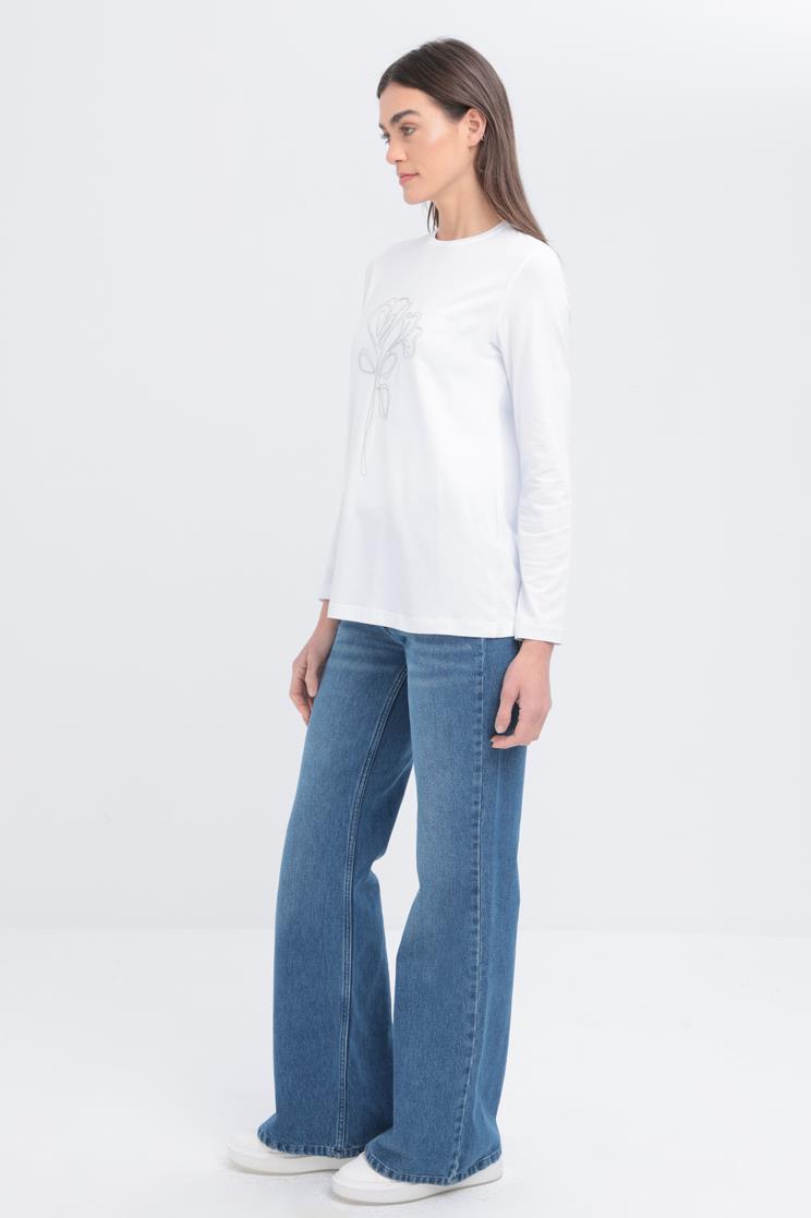 Beyaz-Zincir Nakışlı Uzun Kollu T-shirt