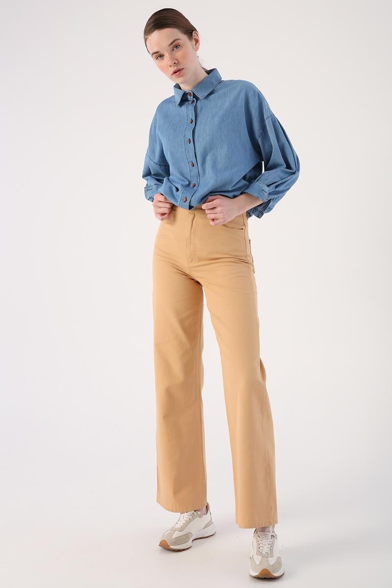 100% Cotton Wide Leg Piece Dyed Comfortable Fit Trousers