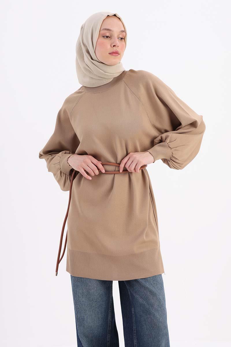 Balloon Sleeve Sweater Tunic With Side Slits