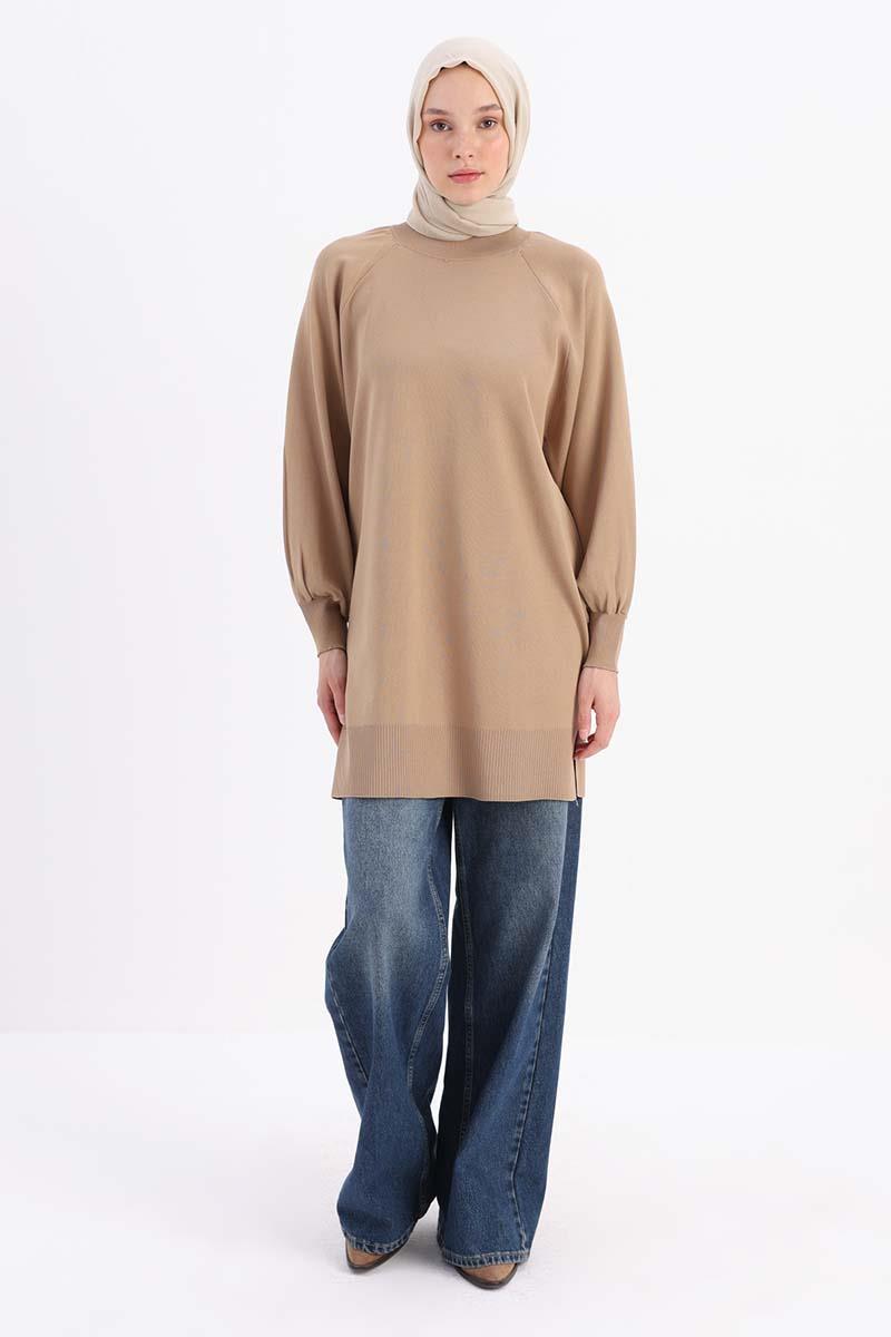 Oversize Balon Kol Yanları Yırtmaçlı Triko Tunik