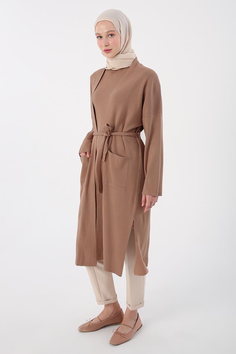 Belted Sweater Cardigan with Side Slits and Pockets