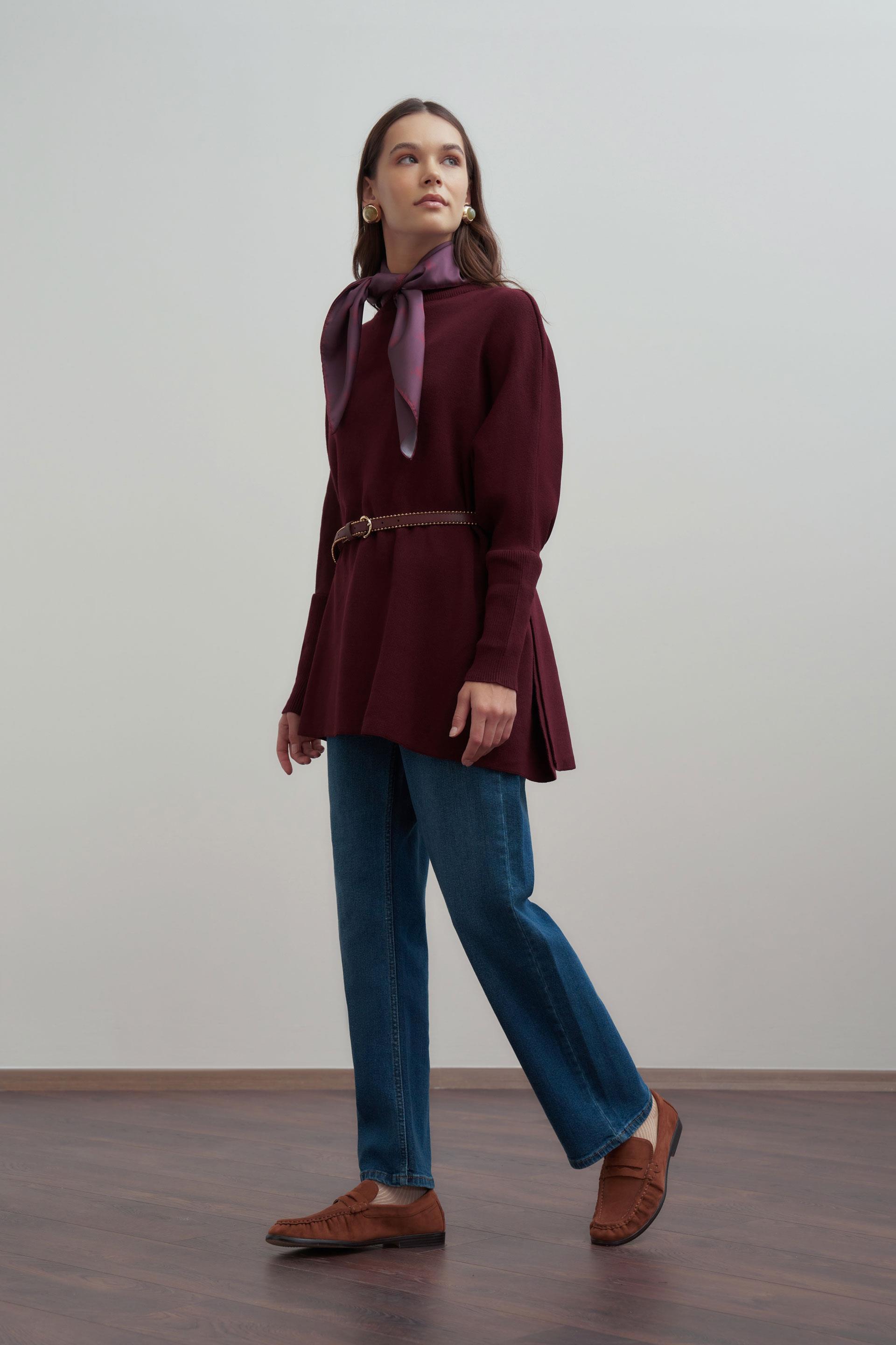 Bordo-Asimetrik Kesim Triko Kazak