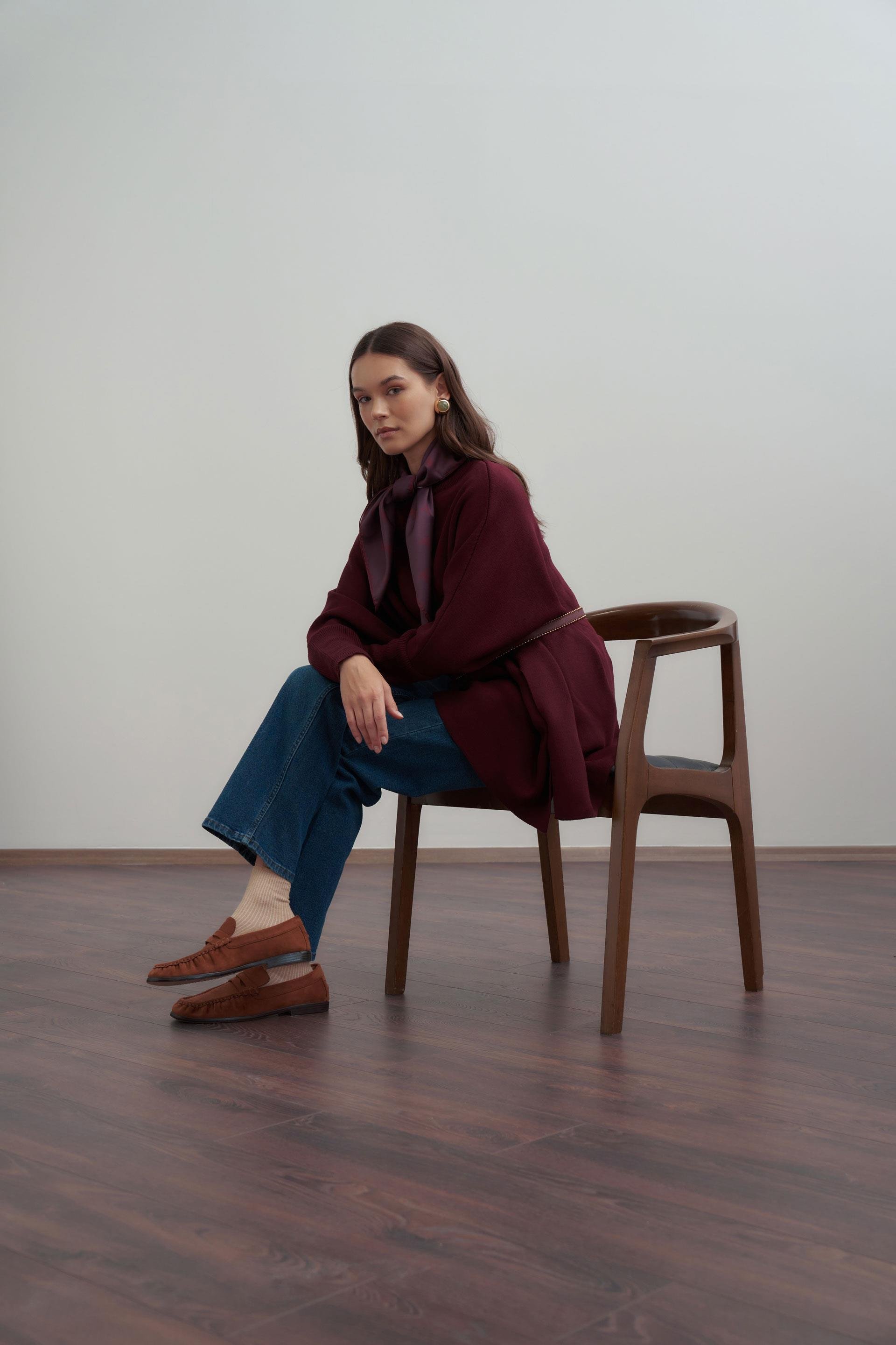 Bordo-Asimetrik Kesim Triko Kazak