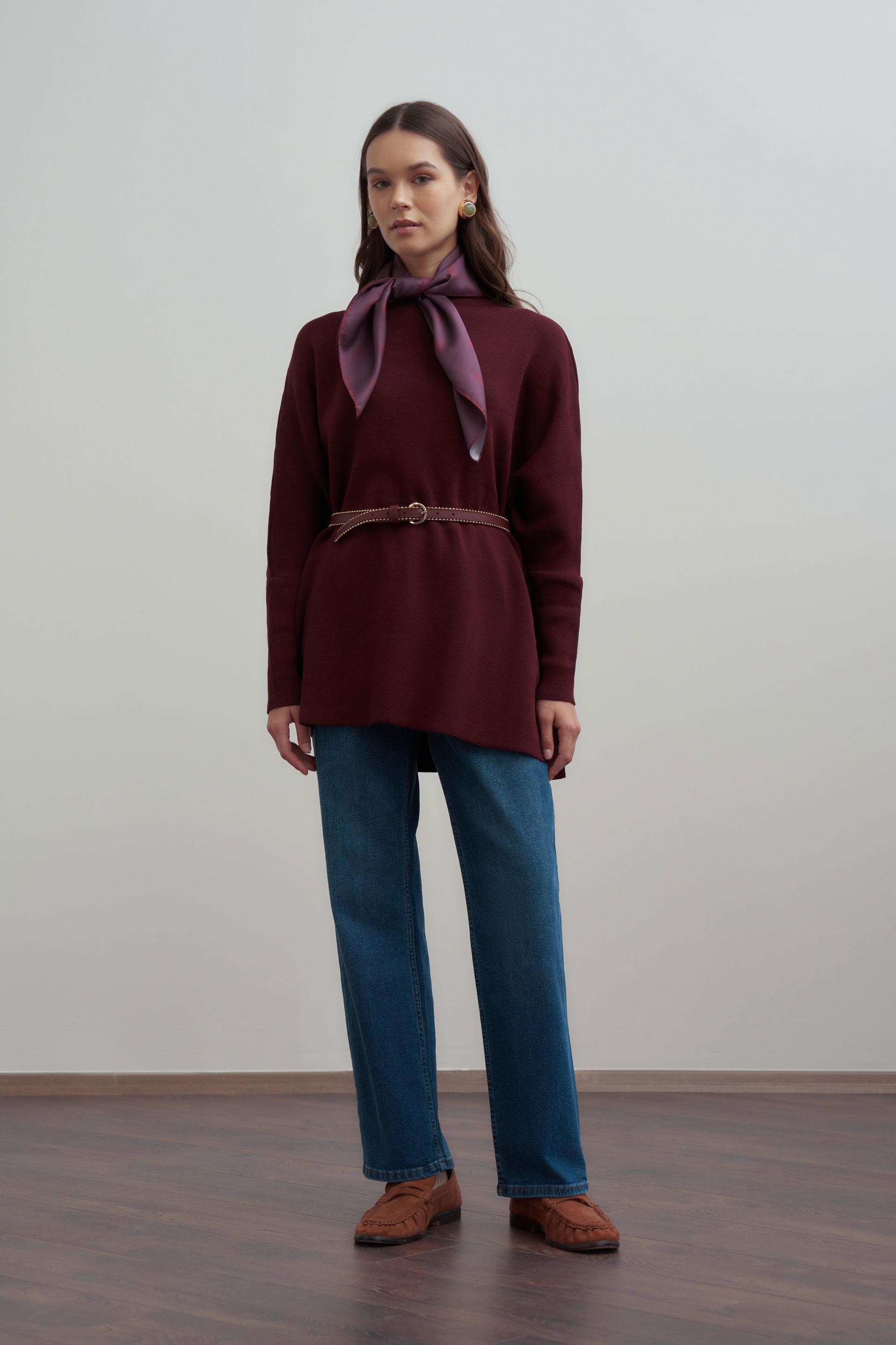 Bordo-Asimetrik Kesim Triko Kazak