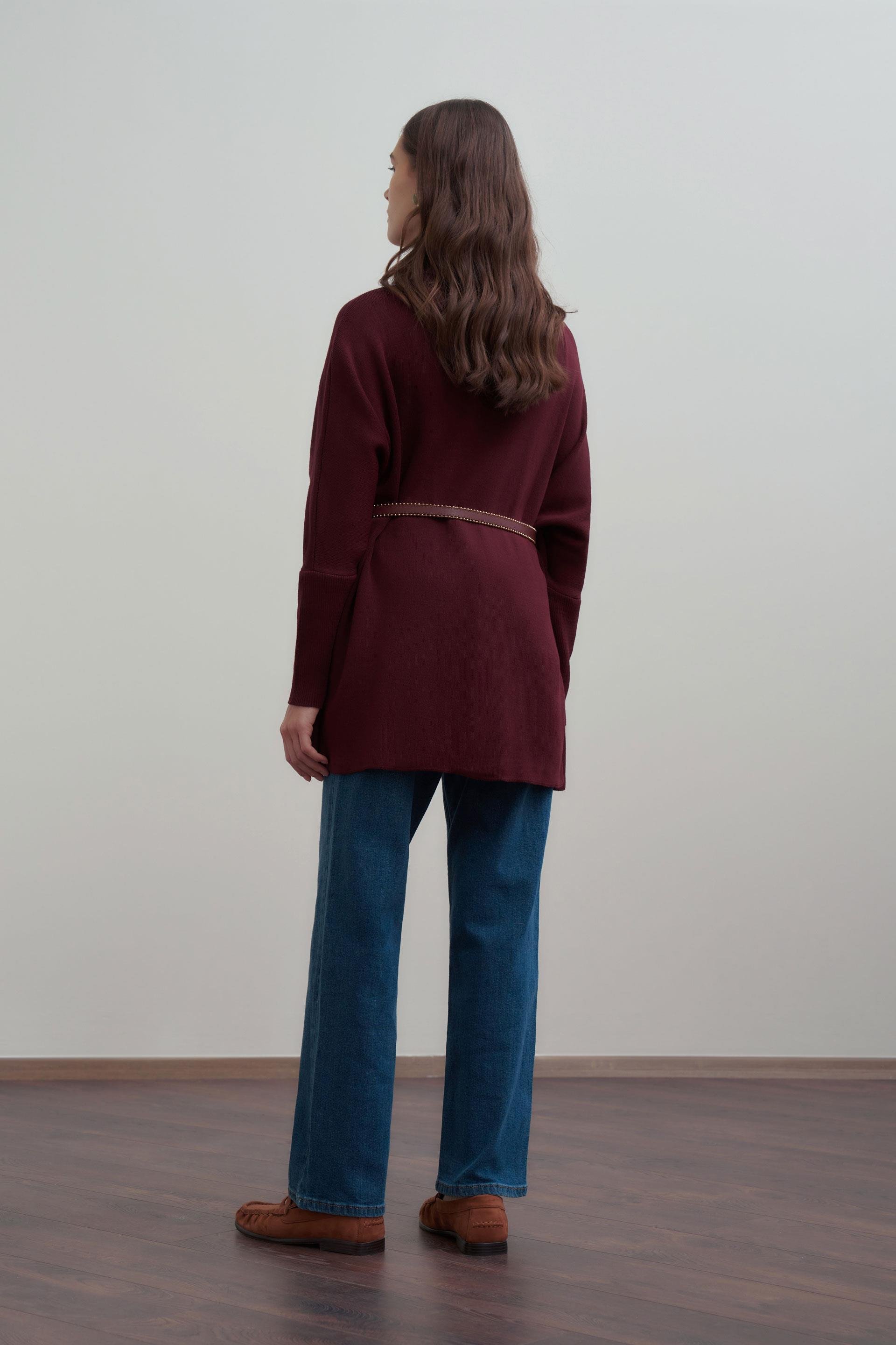 Bordo-Asimetrik Kesim Triko Kazak